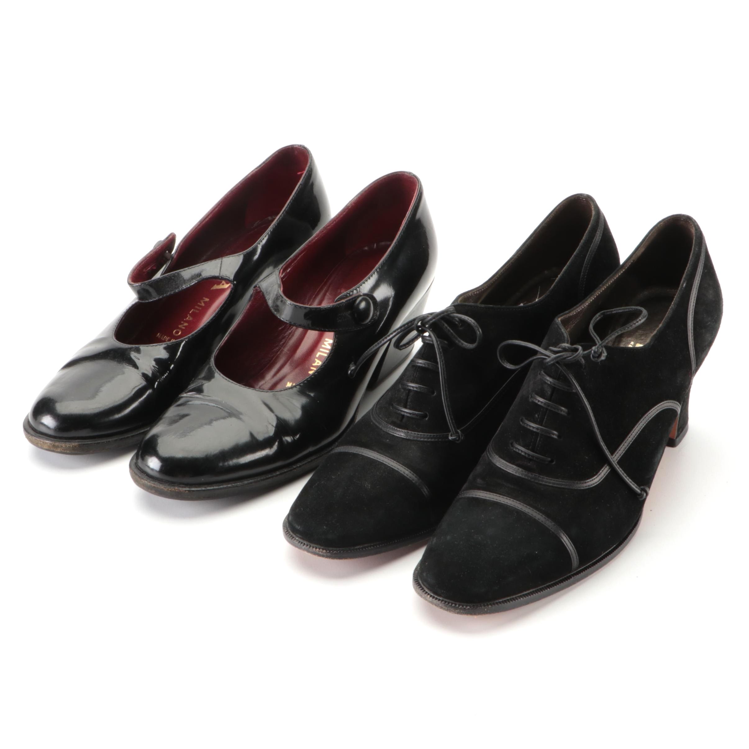 Prada Patent Mary Janes and Salvatore Ferragamo Suede Oxford Pumps