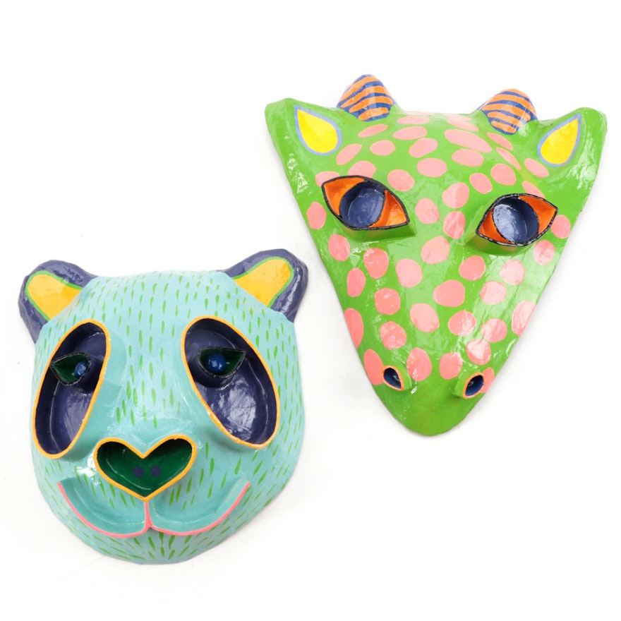 Gina Truex Painted Papier-Mâché Giraffe and Panda Bear Masks