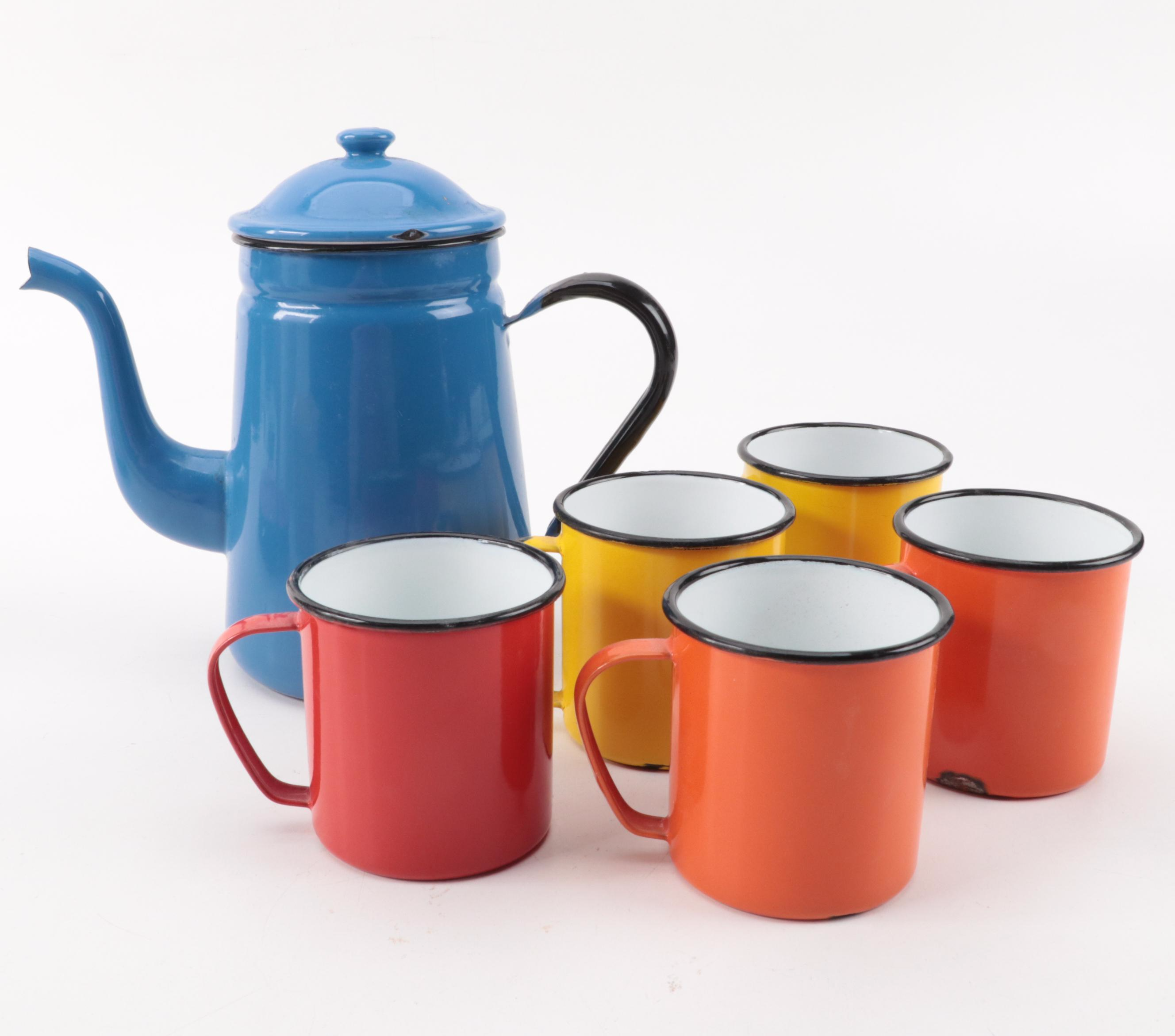 Asahi, Copco with Other Enamelware Plates, Mugs, Dutch Oven and Coffee Pot