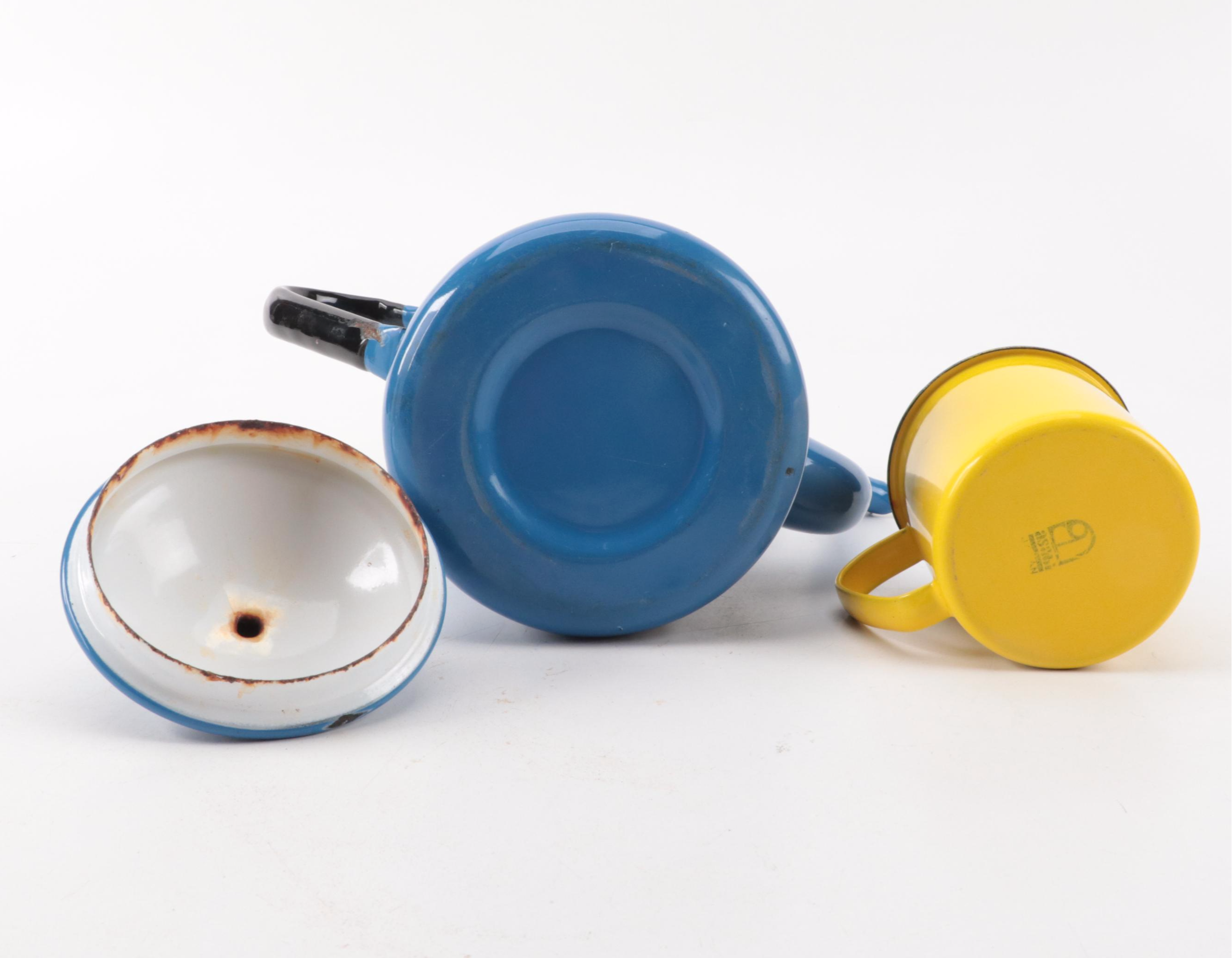 Asahi, Copco with Other Enamelware Plates, Mugs, Dutch Oven and Coffee Pot