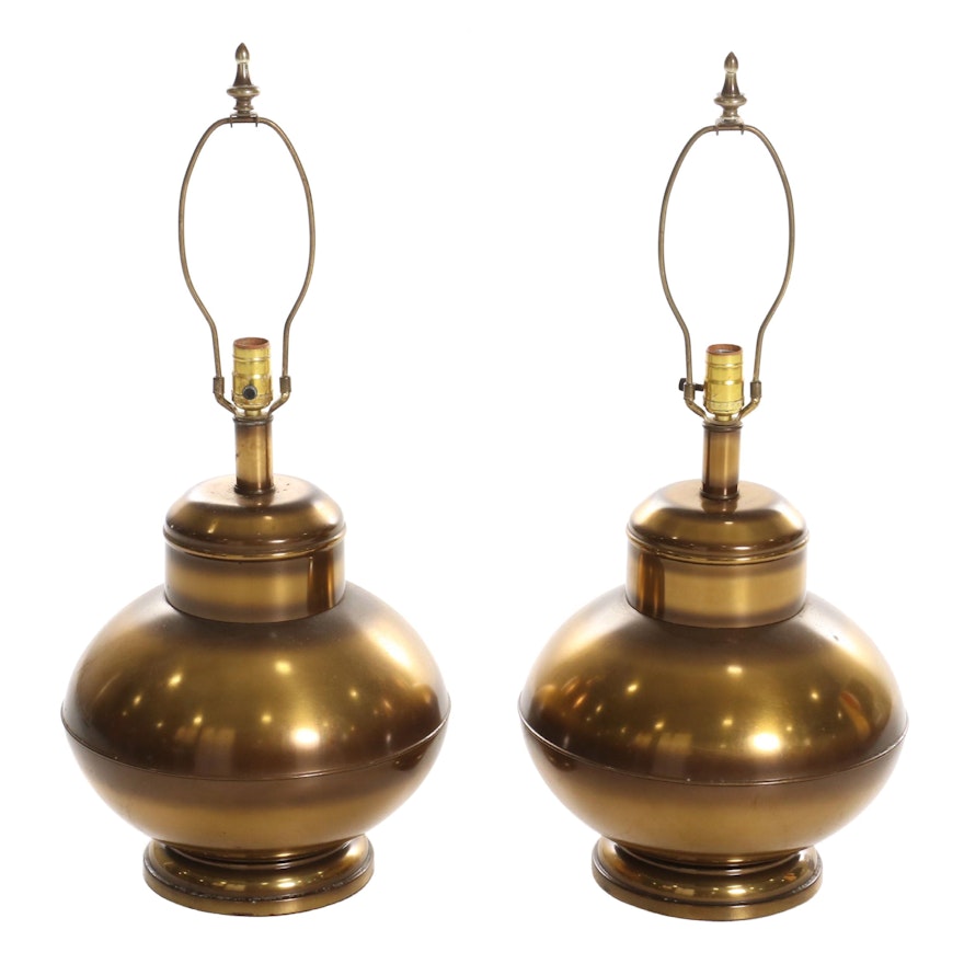 Pair of Bulbous Brass Table Lamps, Late 20th Century