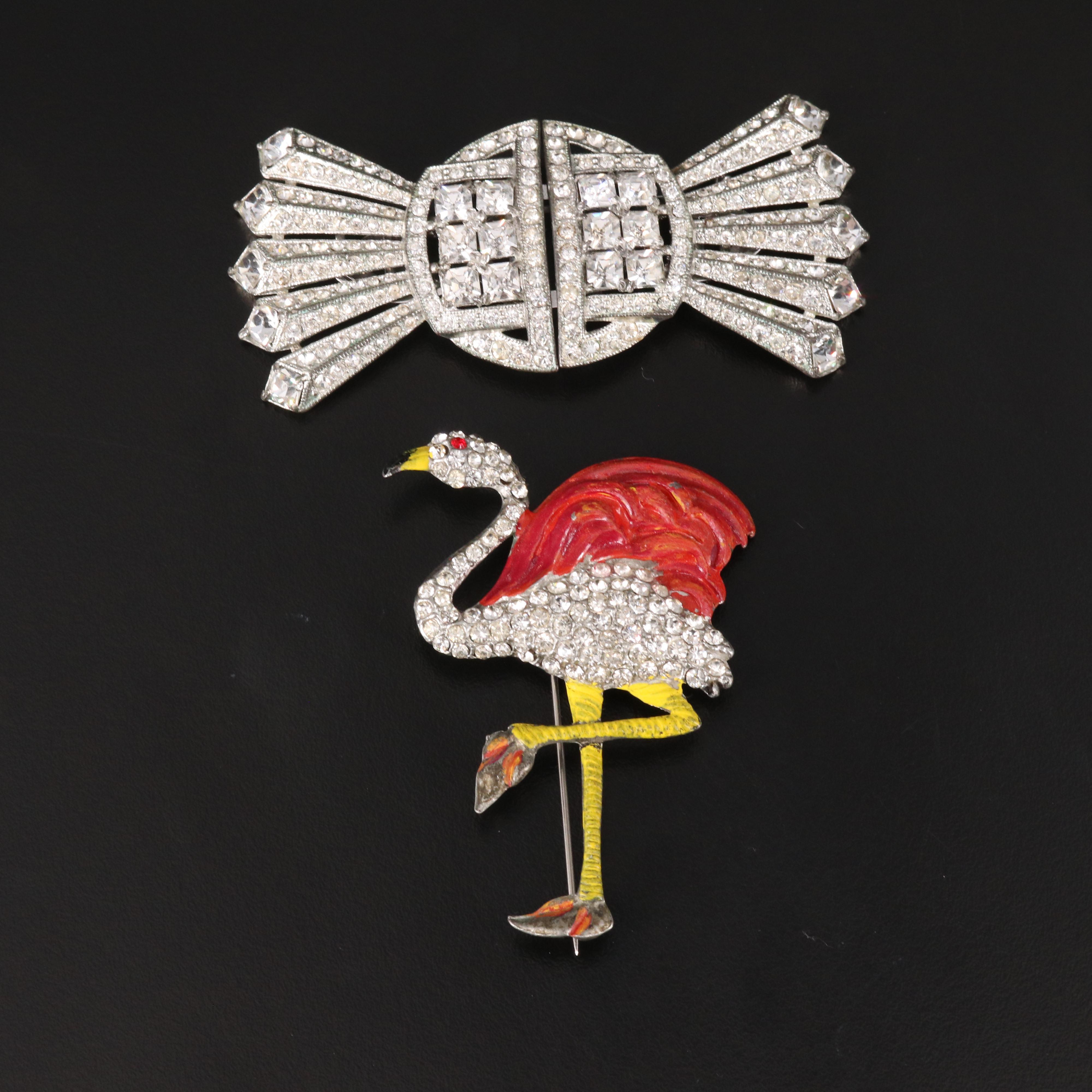 1938 Art Deco Oscar Frank Placco for Coro Duette with Painted Flamingo Brooches