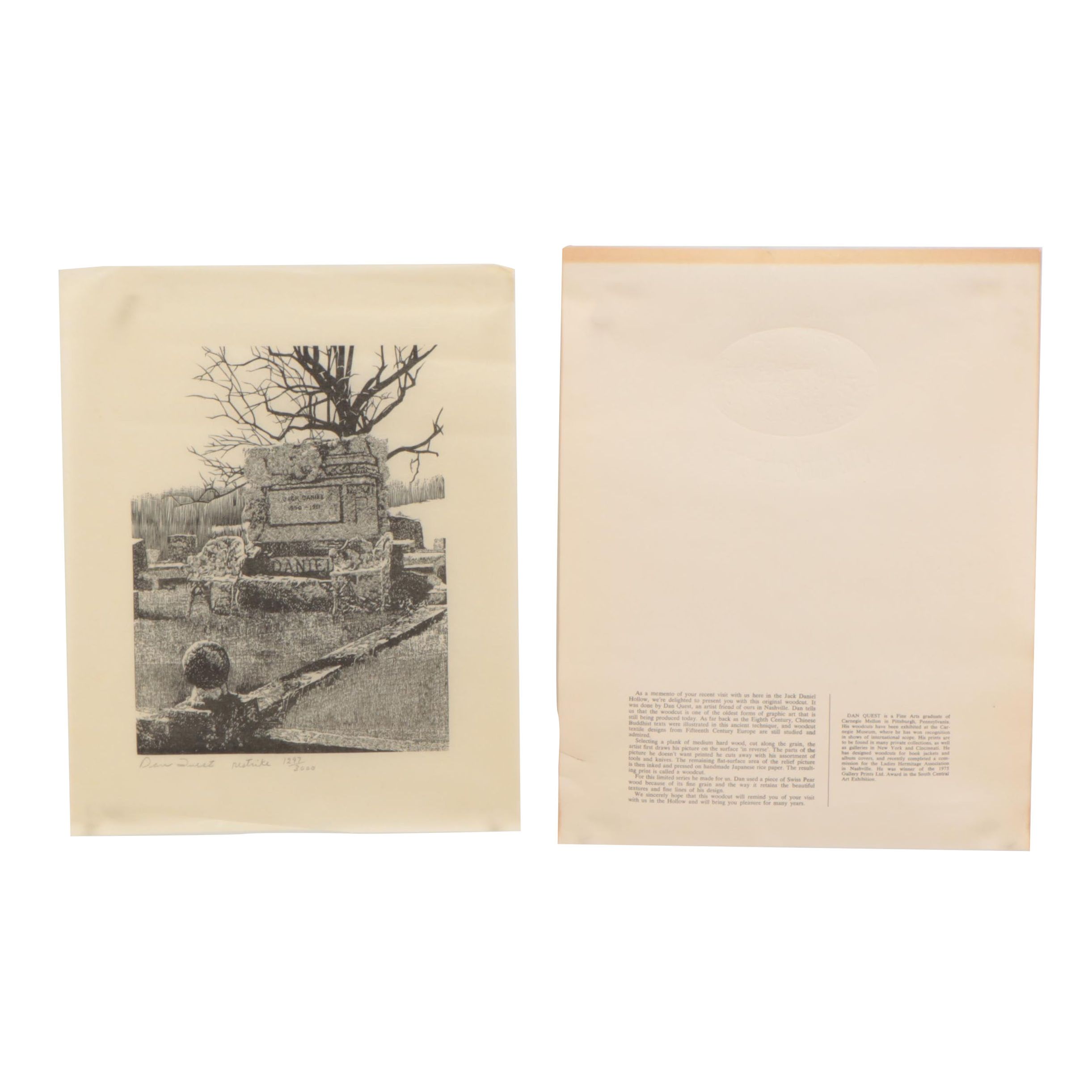 Dan Quest Woodcut of Jack Daniel's Tombstone