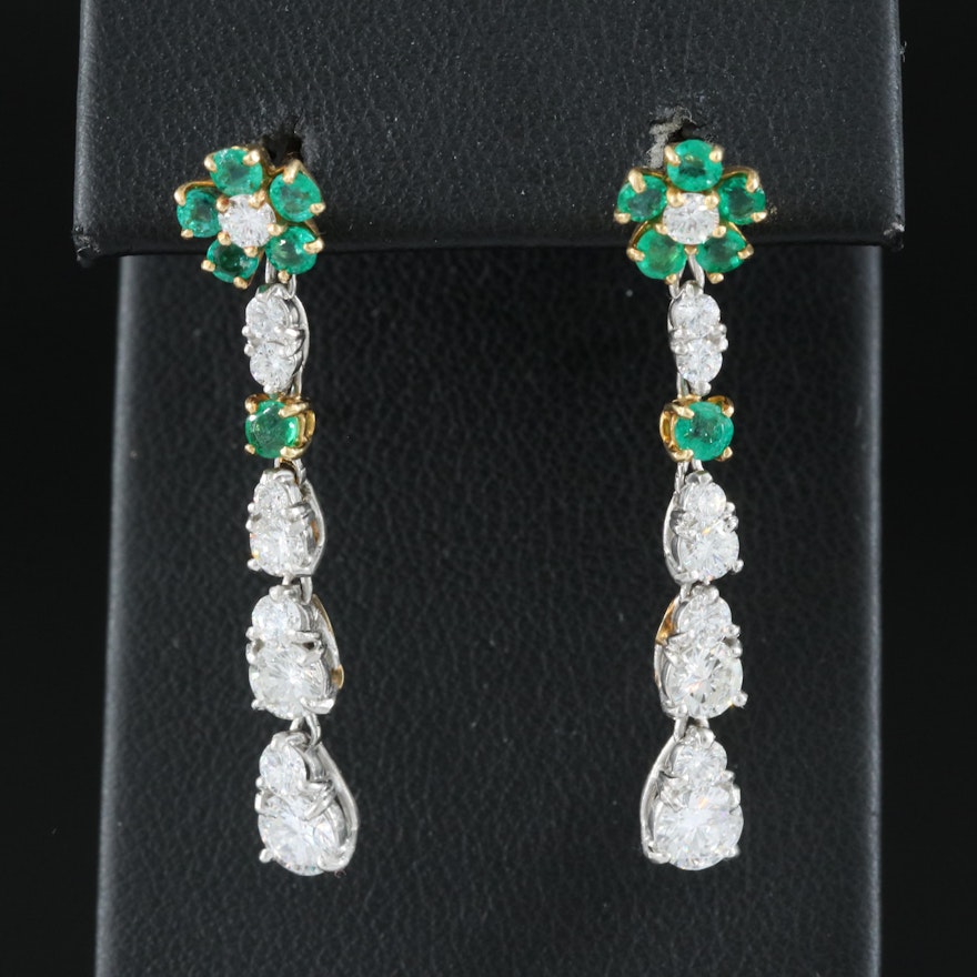 Platinum and 14K Emerald and Diamond Drop Earrings