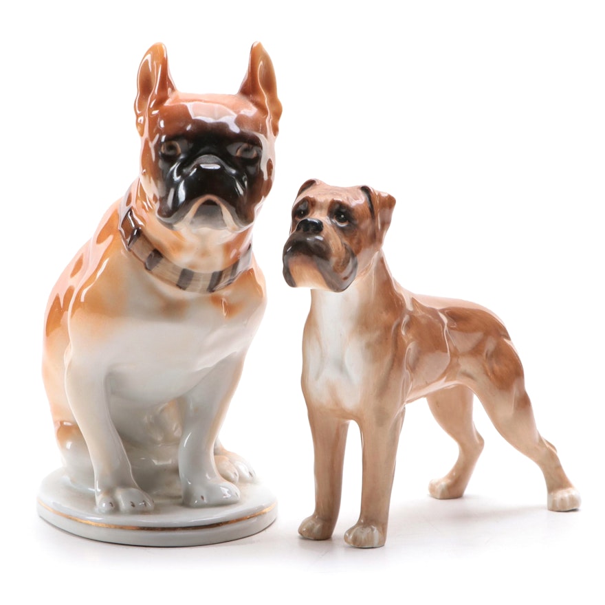 European Porcelain Boxer Puppy and French Bulldog Figures, Early to Mid 20th C.