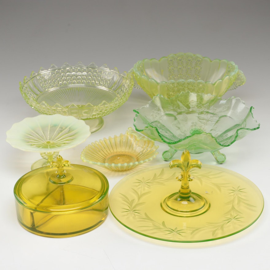 Fostoria "Beverly" with Art Deco Daisy and Button Bowl and Other Vaseline Glass