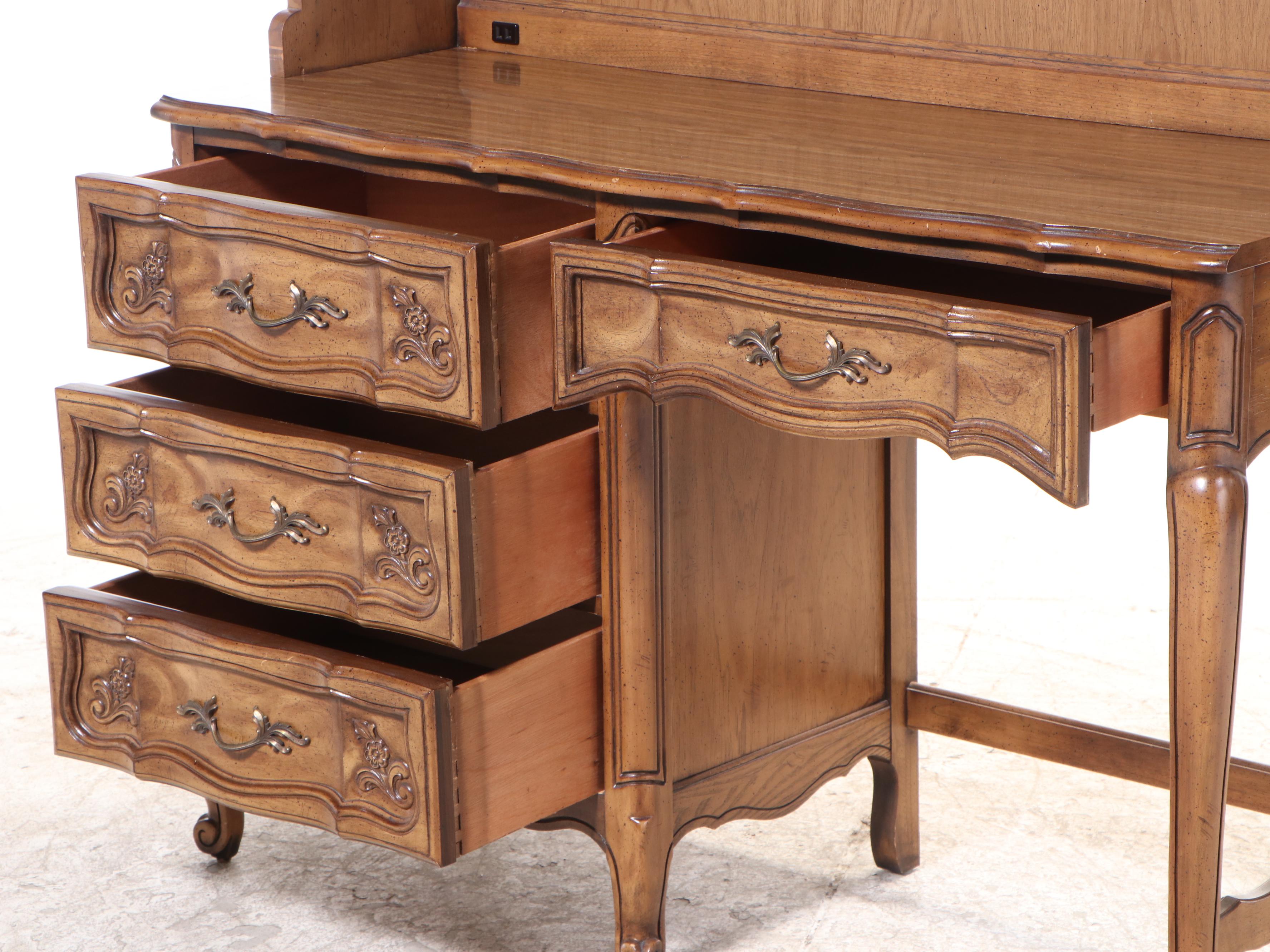 Basic-Witz French Provincial Style Walnut-Stained Desk with Hutch