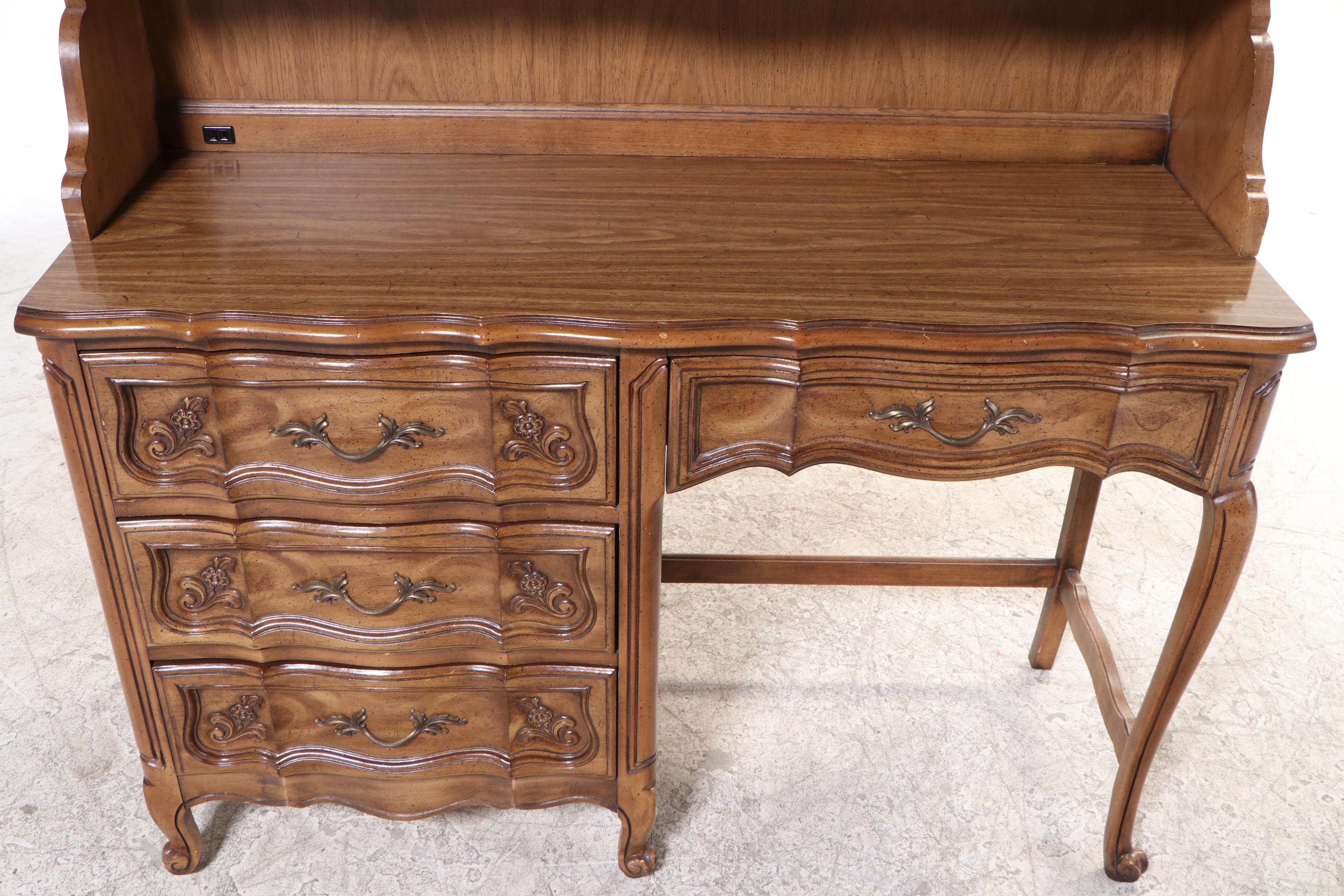 Basic-Witz French Provincial Style Walnut-Stained Desk with Hutch