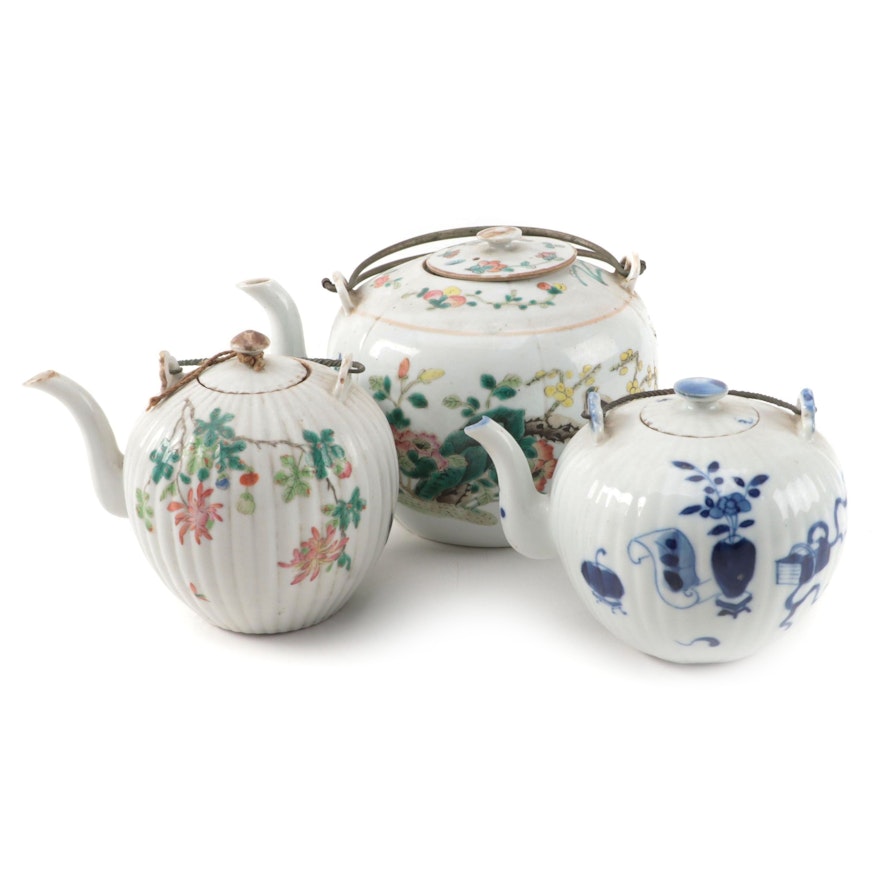 Chinese Export Porcelain Famille Rose and Blue and White Melon Shaped Teapots