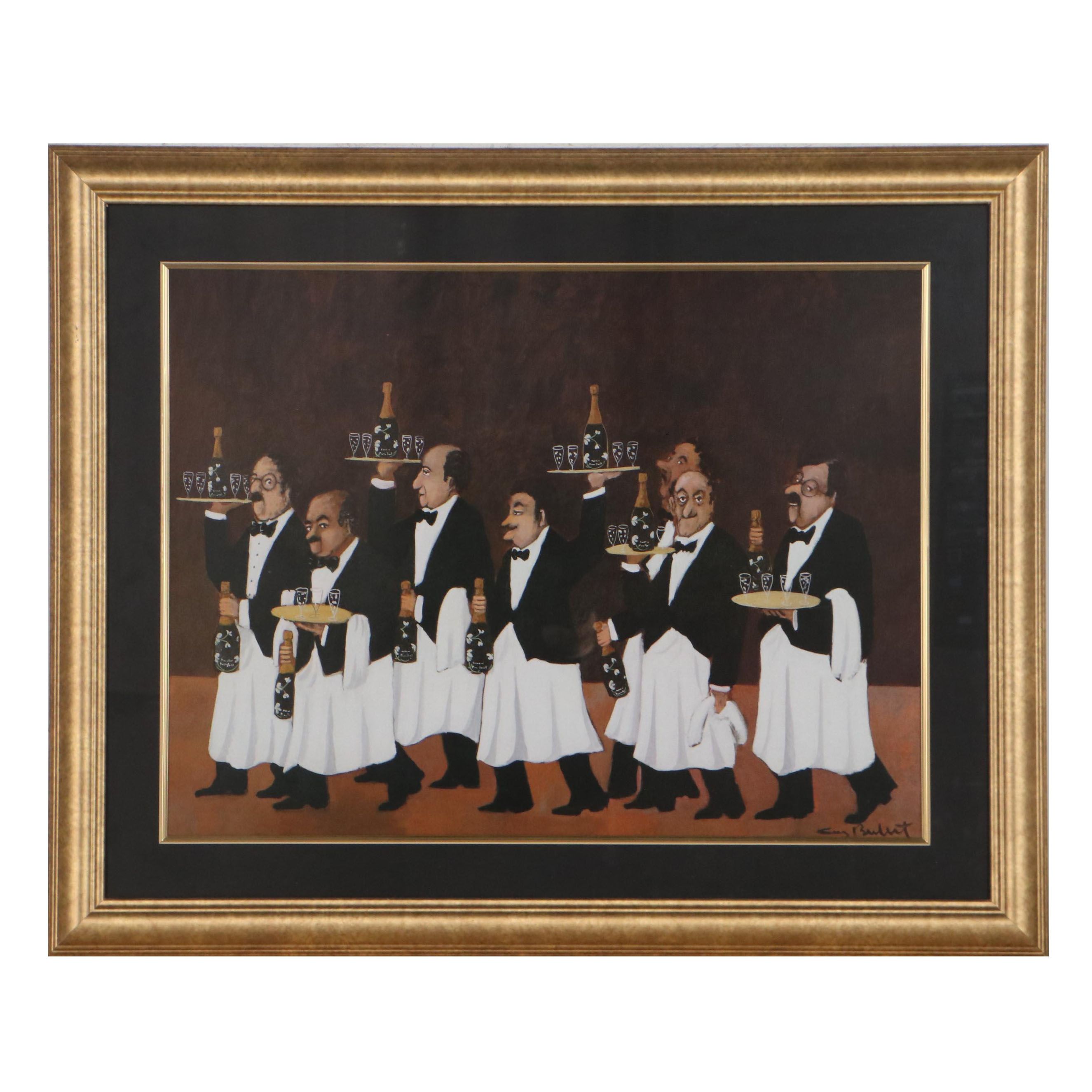 Offset Lithograph After Guy Buffet of Waiters Carrying Perrier-Jouet Champagne