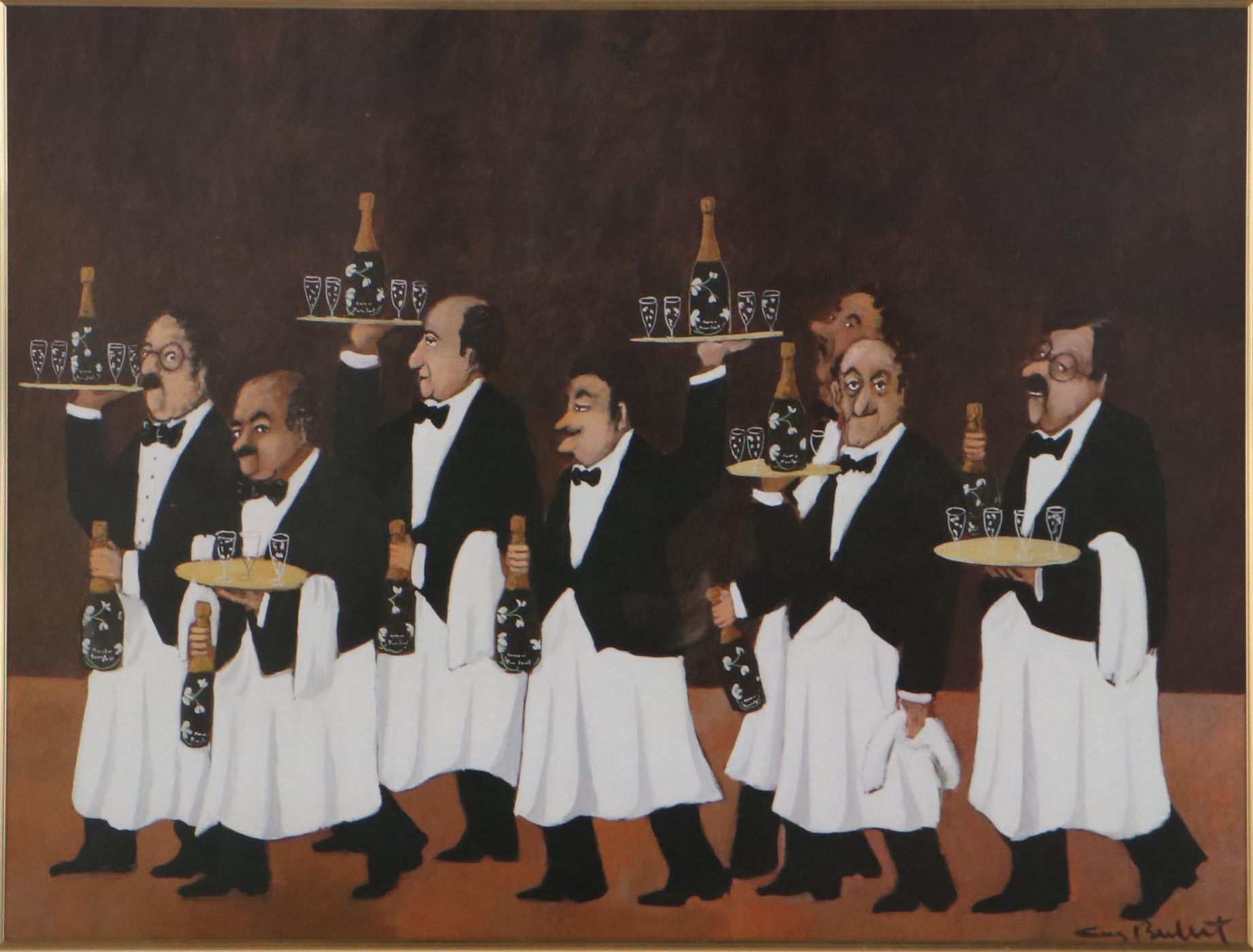Offset Lithograph After Guy Buffet of Waiters Carrying Perrier-Jouet Champagne