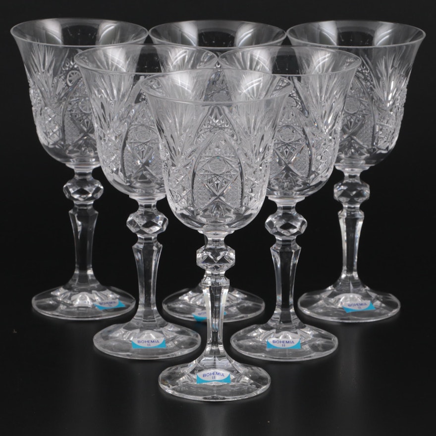 Bohemia  Czechoslovakia Star and Fan Pattern Pressed Glass Goblets