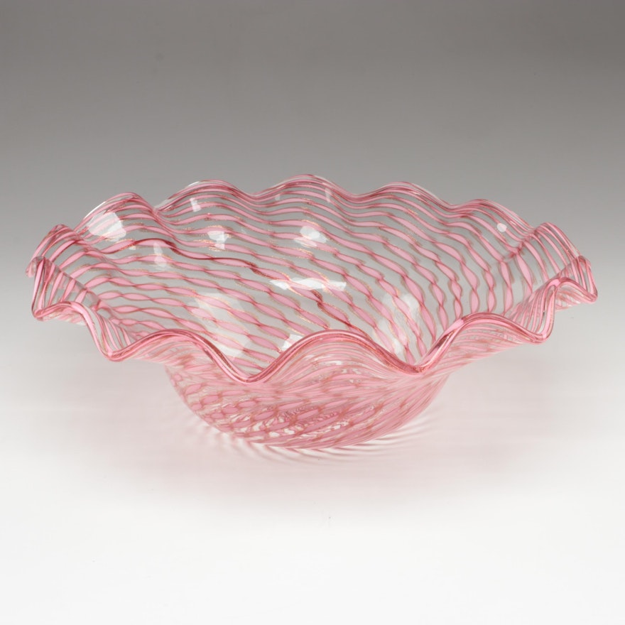Gold and Pink Zanfirico and Ruffled Rim Art Glass Bowl