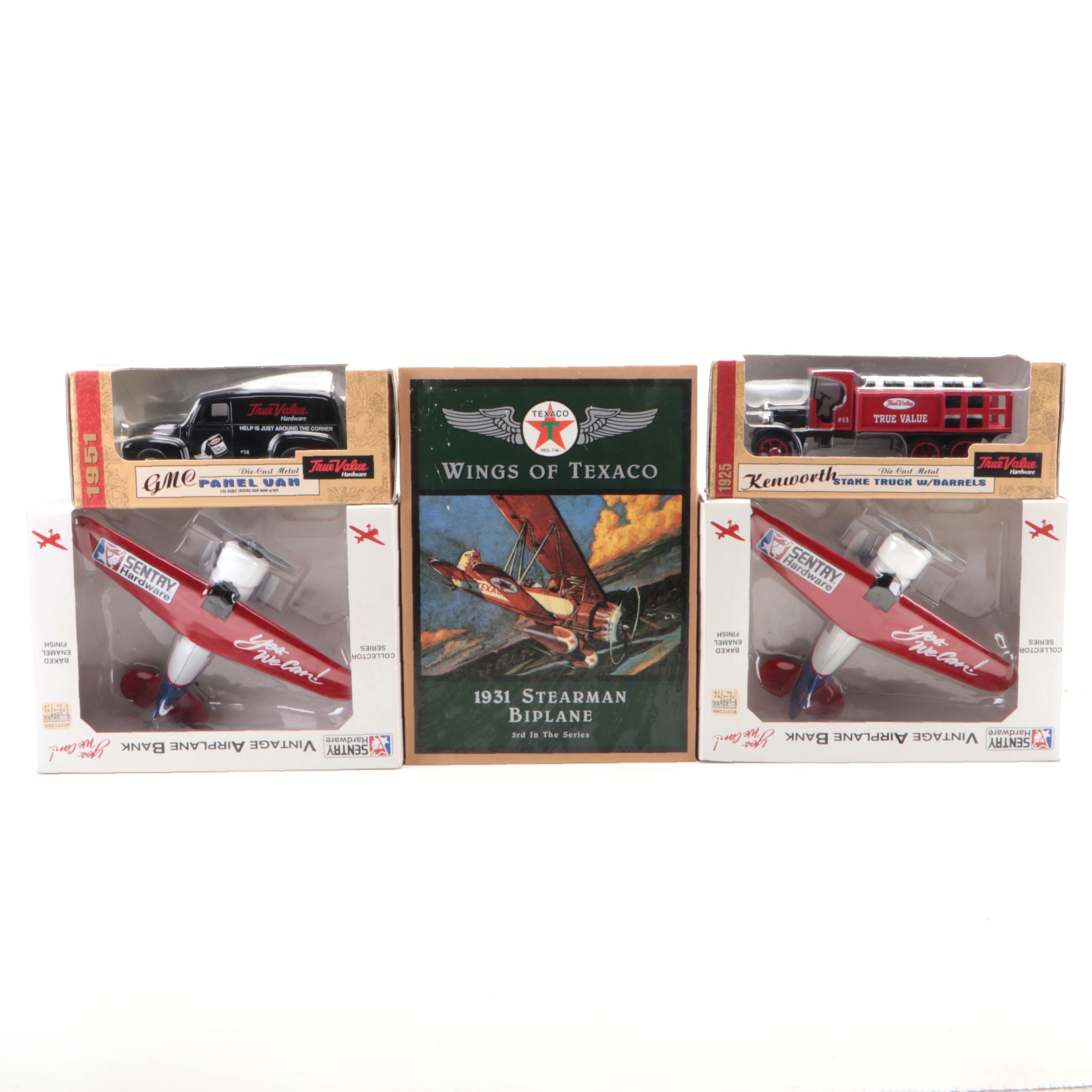 Texaco 1931 Stearman Biplane Diecast Bank with Other Diecast Cars and Banks
