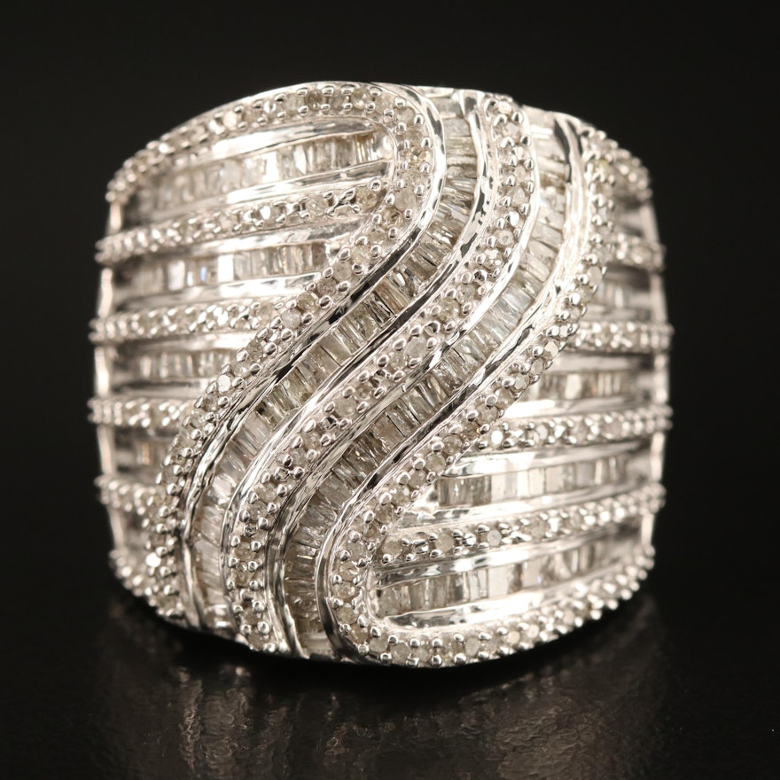 Sterling Diamond Multi-Row Ring with Swirl Center