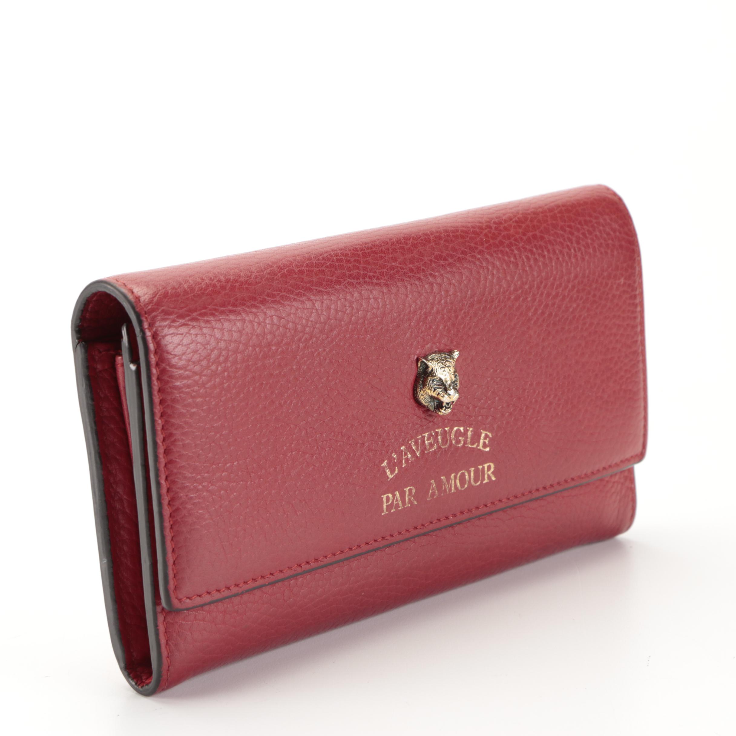 Gucci Animalier Front-Flap Continental Wallet in Red Grained Leather