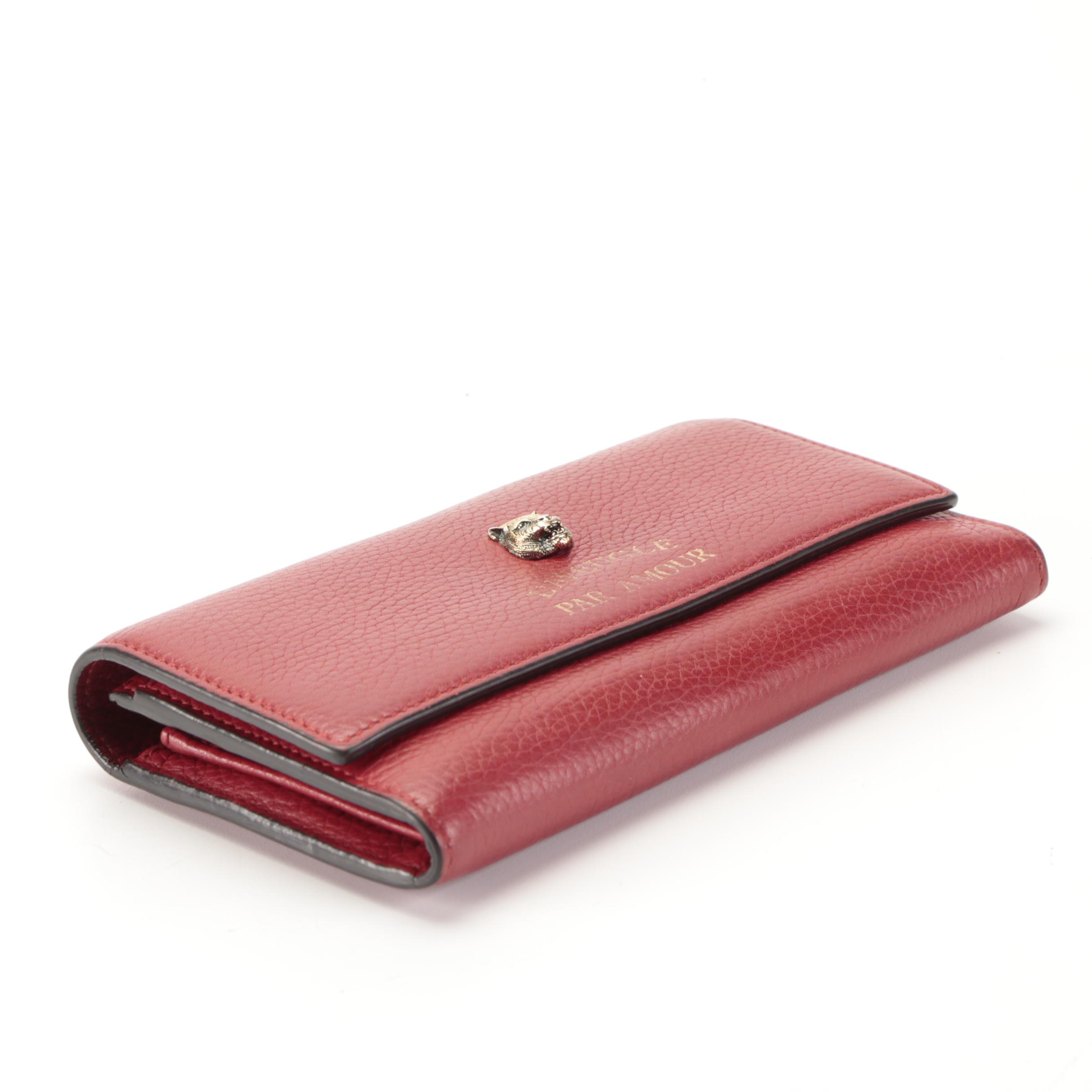 Gucci Animalier Front-Flap Continental Wallet in Red Grained Leather