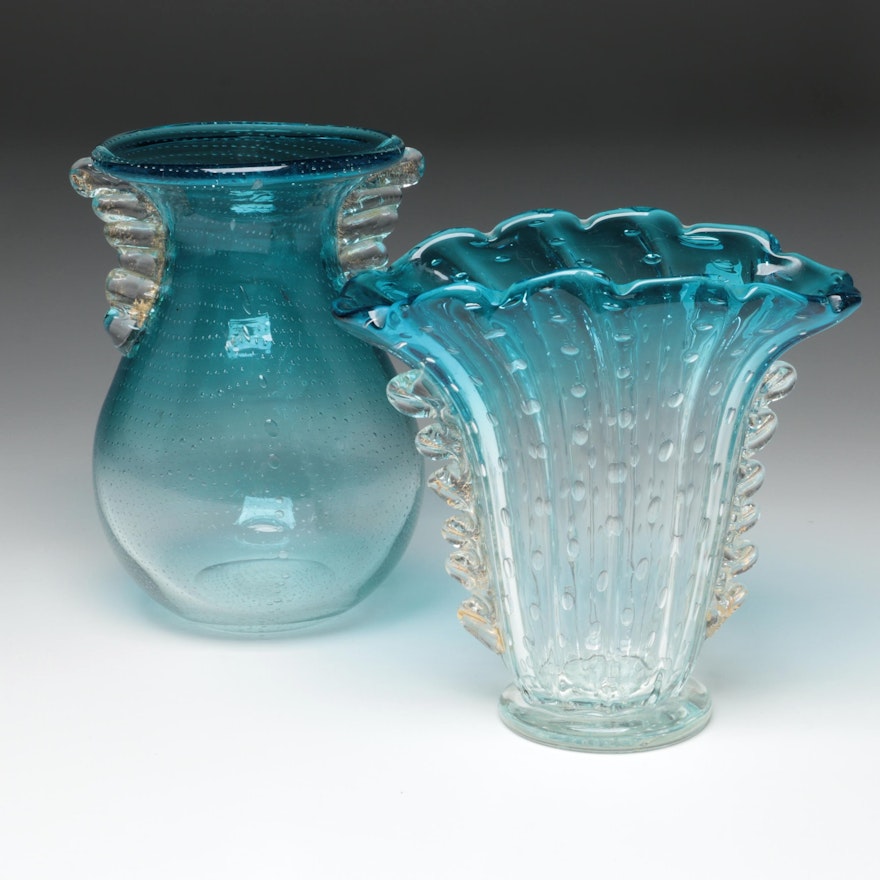 Controlled Bubble and Applied Rigaree Blue Ombre Glass Vases