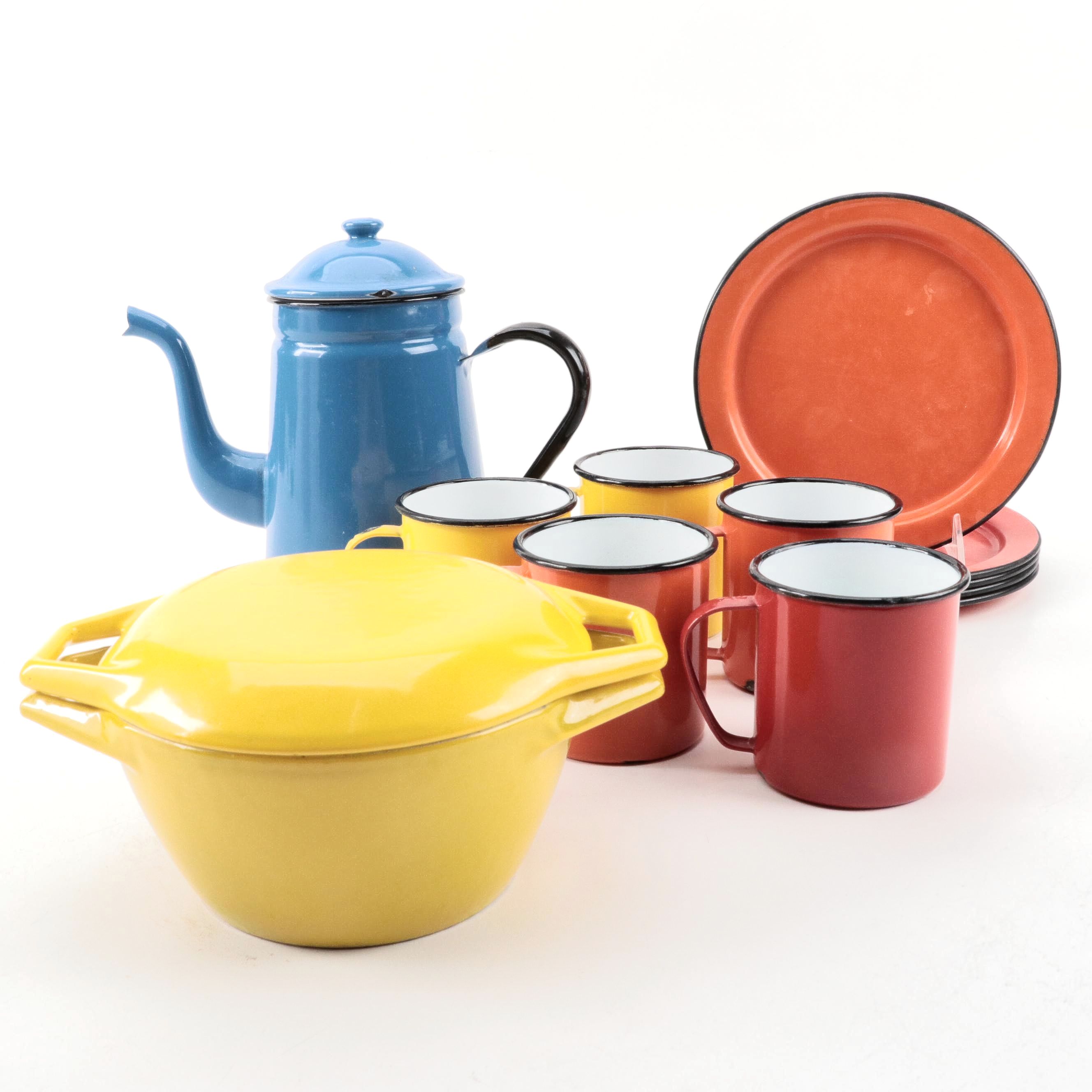 Asahi, Copco with Other Enamelware Plates, Mugs, Dutch Oven and Coffee Pot
