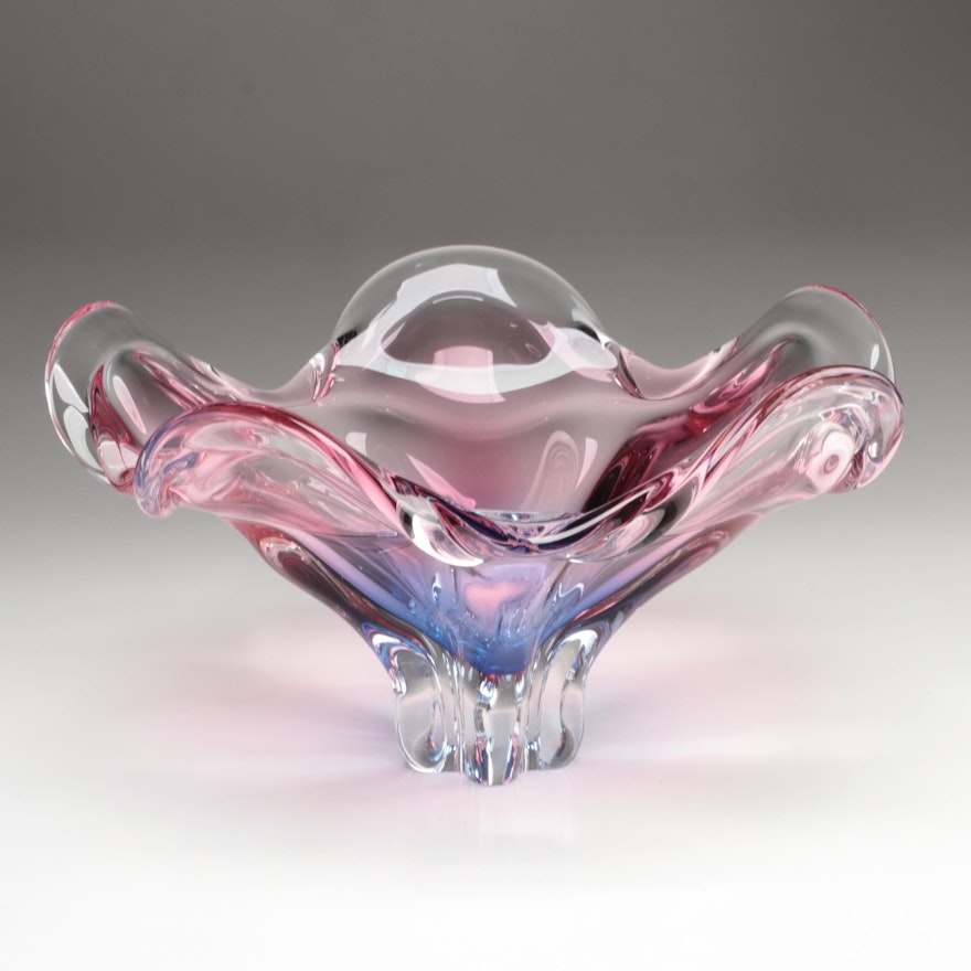 Pink and Blue Abstract Floral Form Art Glass Bowl