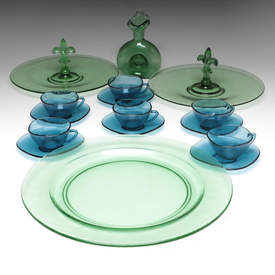 Vereco Blue Glass Cups and Saucers with Fostoria Tidbit Tray and Other Tableware