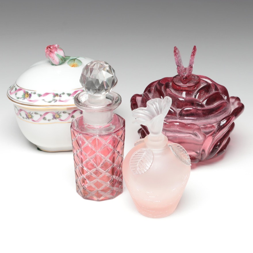 Richard Ginori Porcelain Dish with Other Pink Glass Perfume Bottle and Box