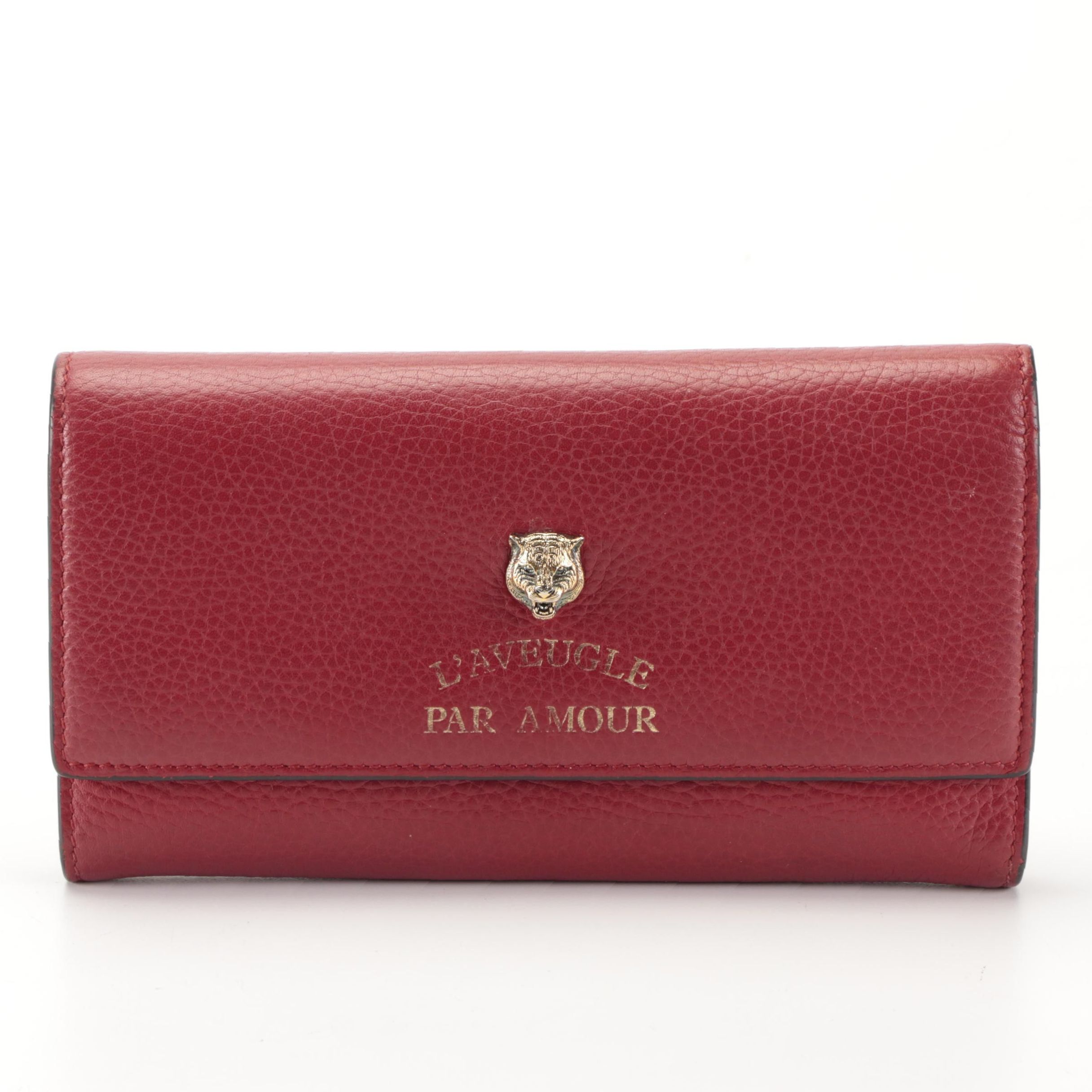 Gucci Animalier Front-Flap Continental Wallet in Red Grained Leather