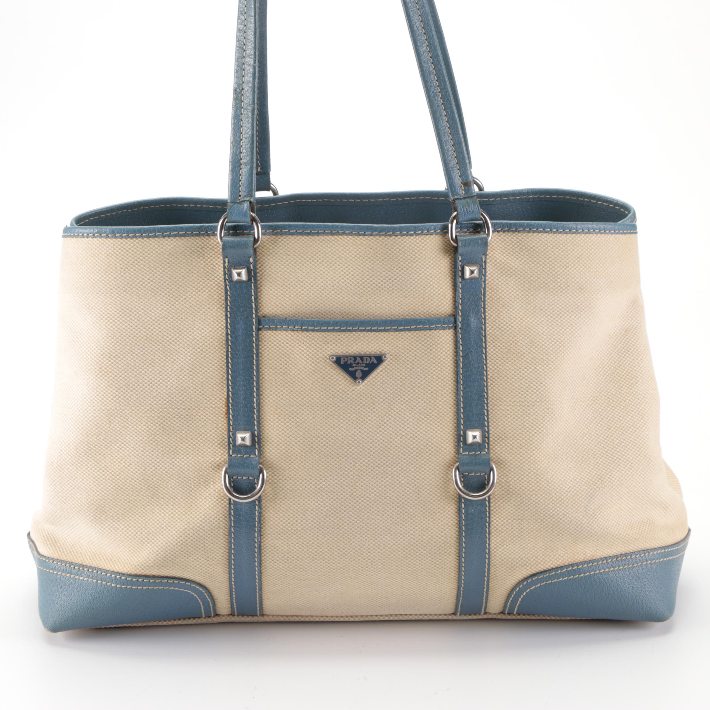 Prada Shopping Tote in Canvas and Blue Leather Trim