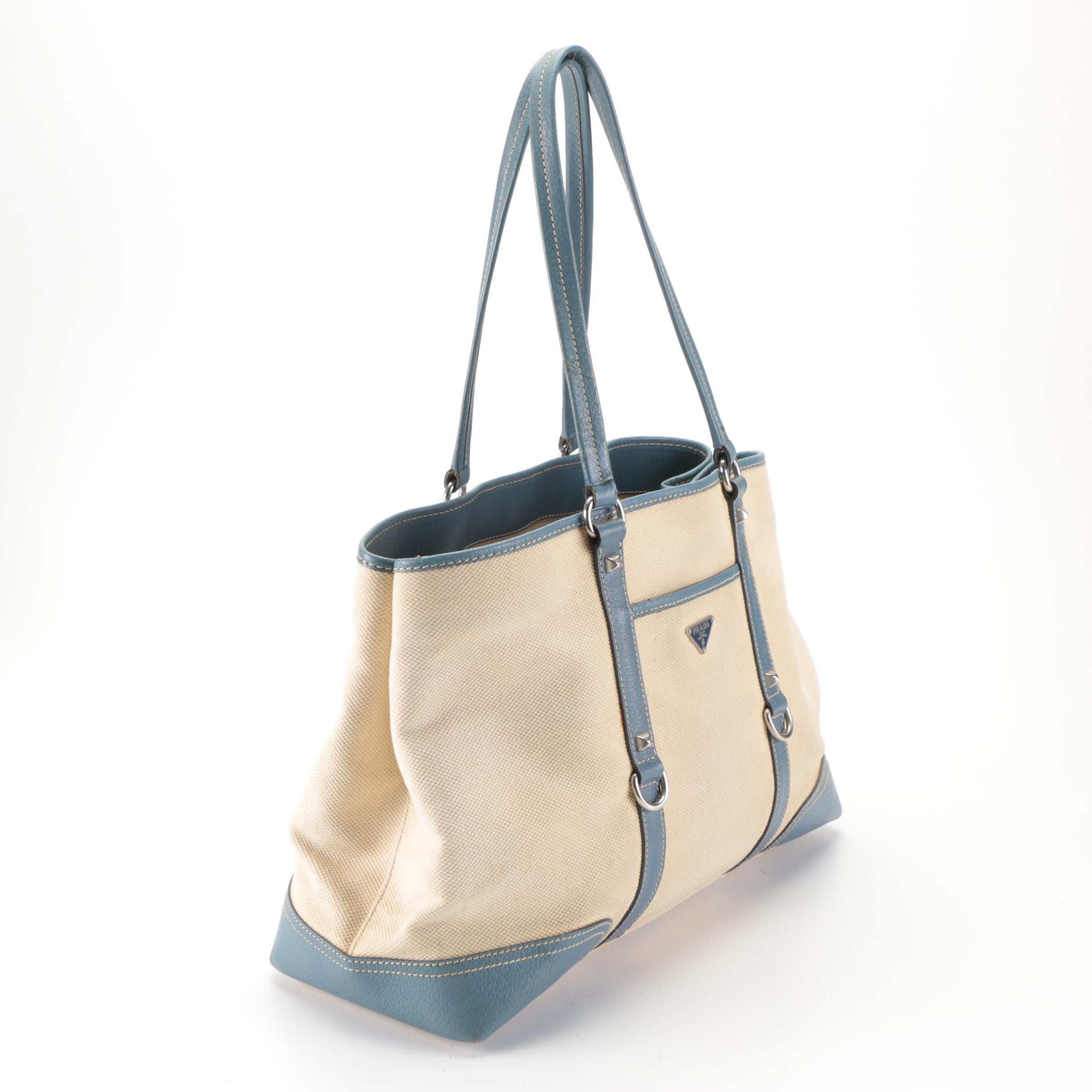 Prada Shopping Tote in Canvas and Blue Leather Trim
