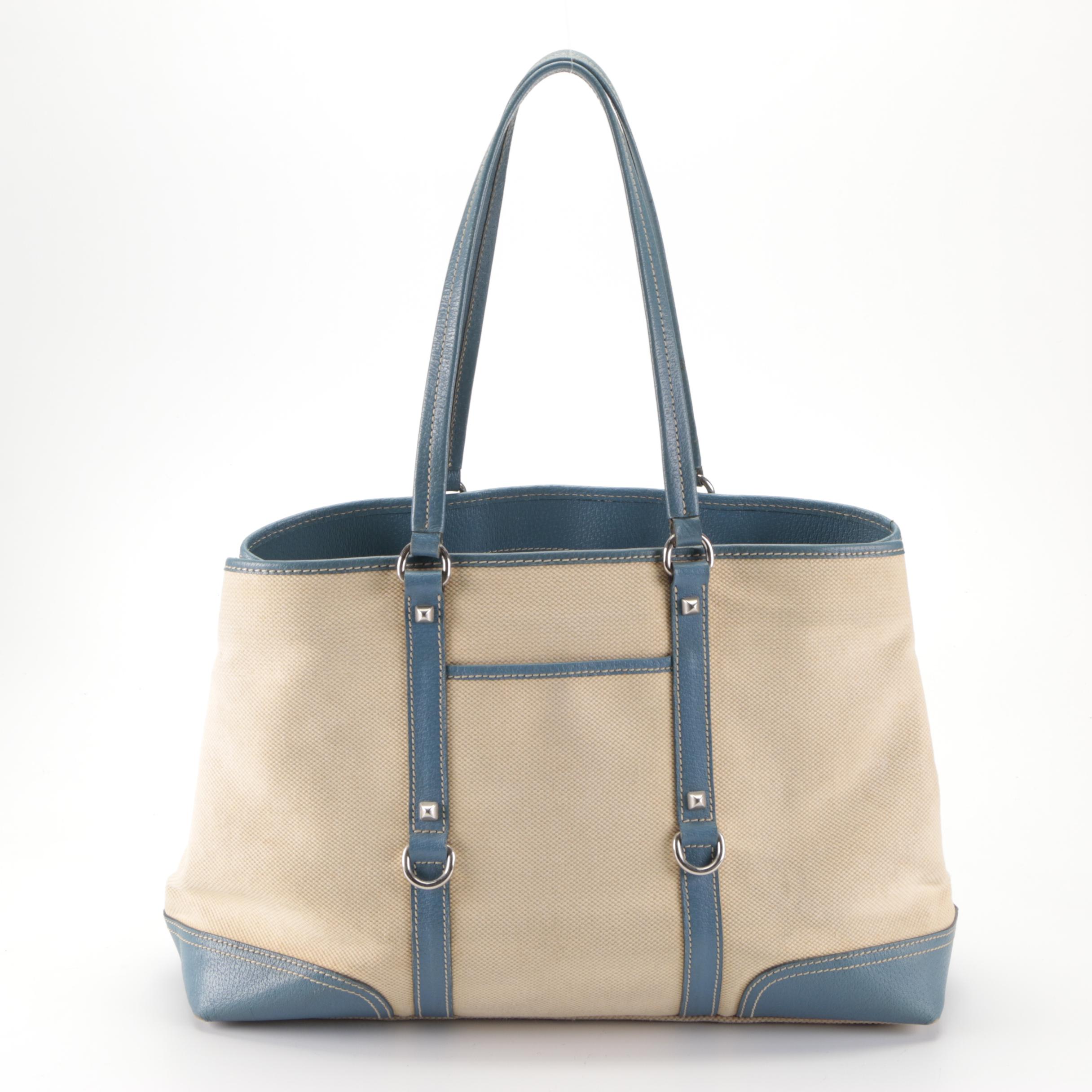 Prada Shopping Tote in Canvas and Blue Leather Trim