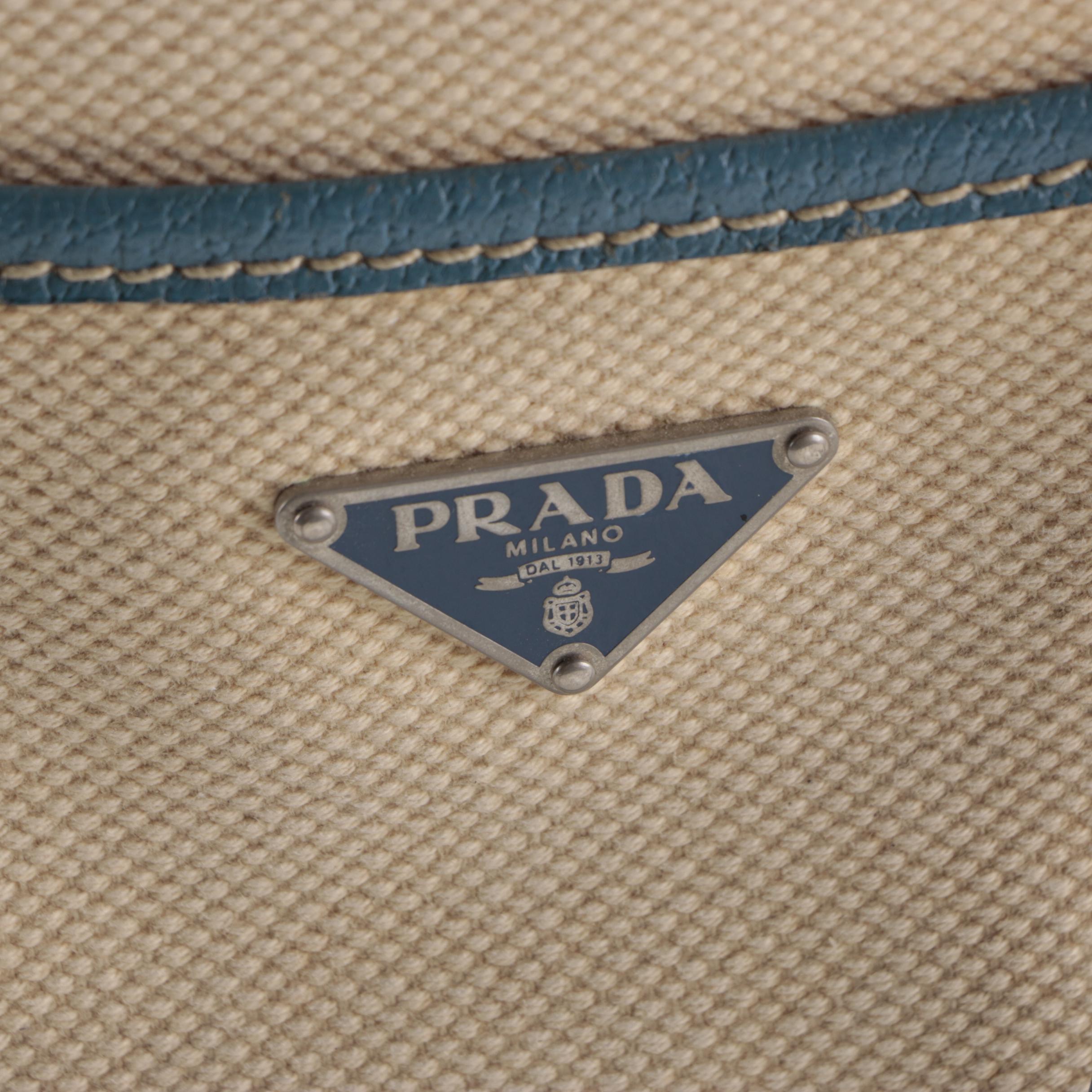 Prada Shopping Tote in Canvas and Blue Leather Trim