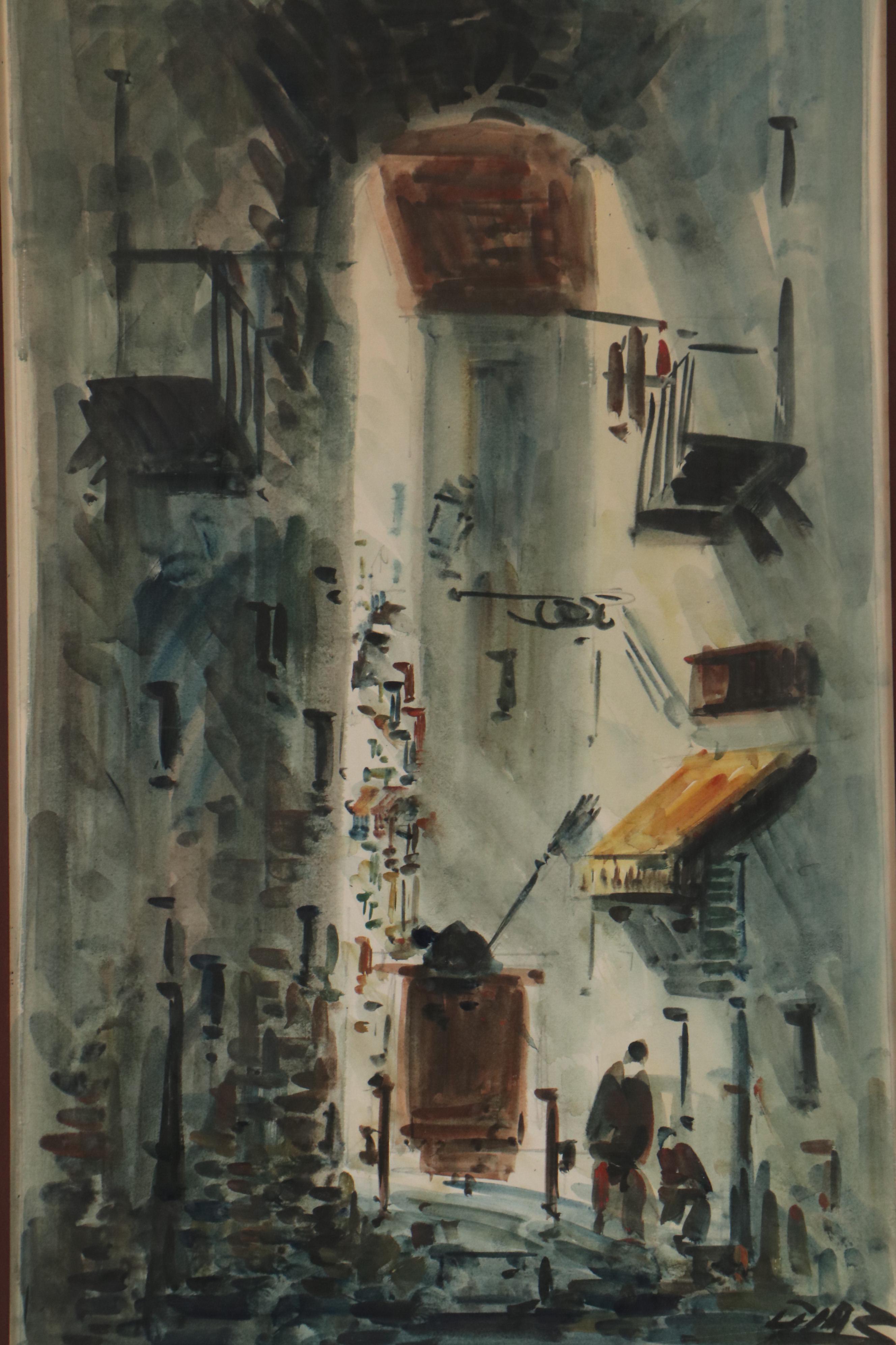 Abstract Watercolor Painting of City Alleyway, Late 20th Century