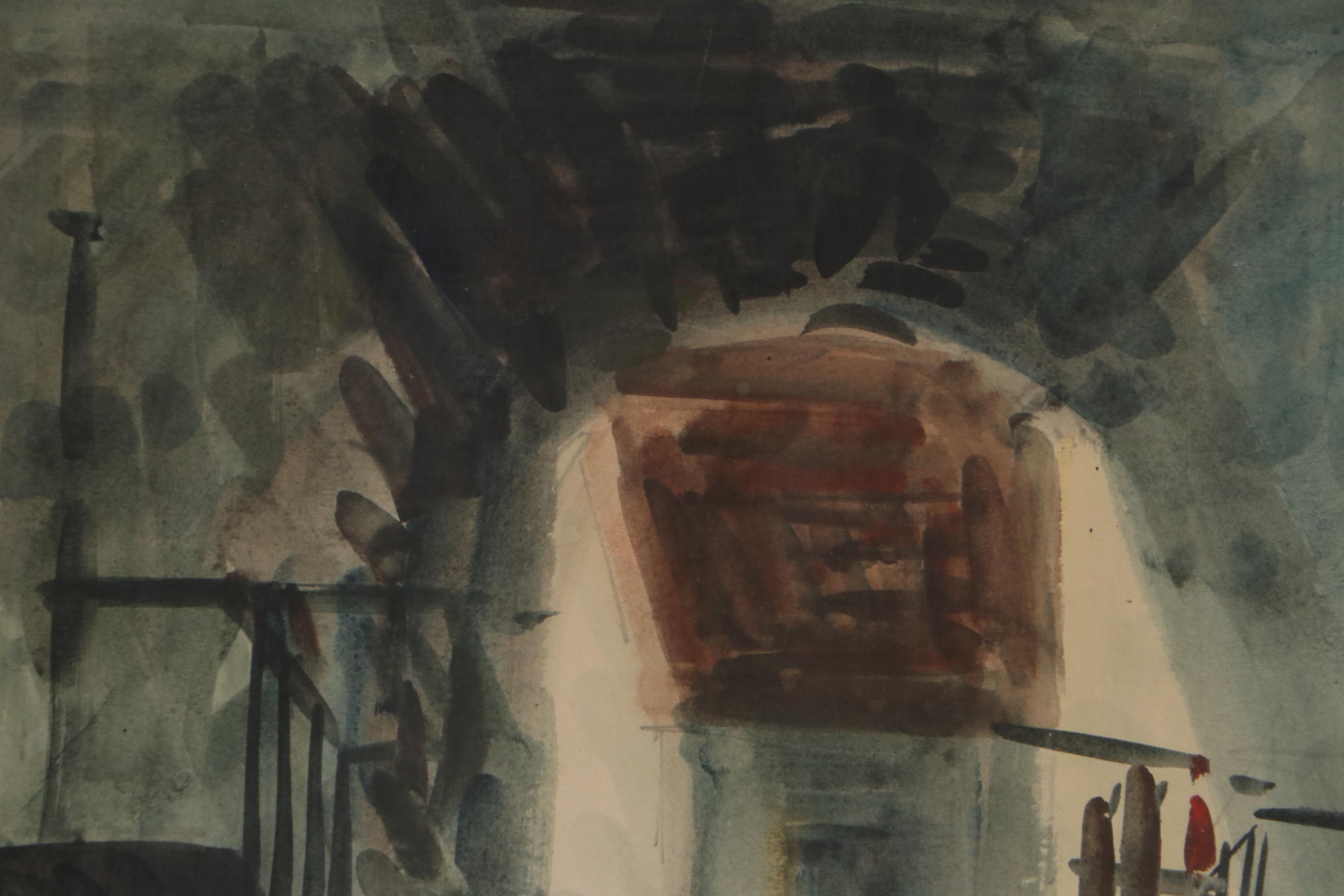 Abstract Watercolor Painting of City Alleyway, Late 20th Century
