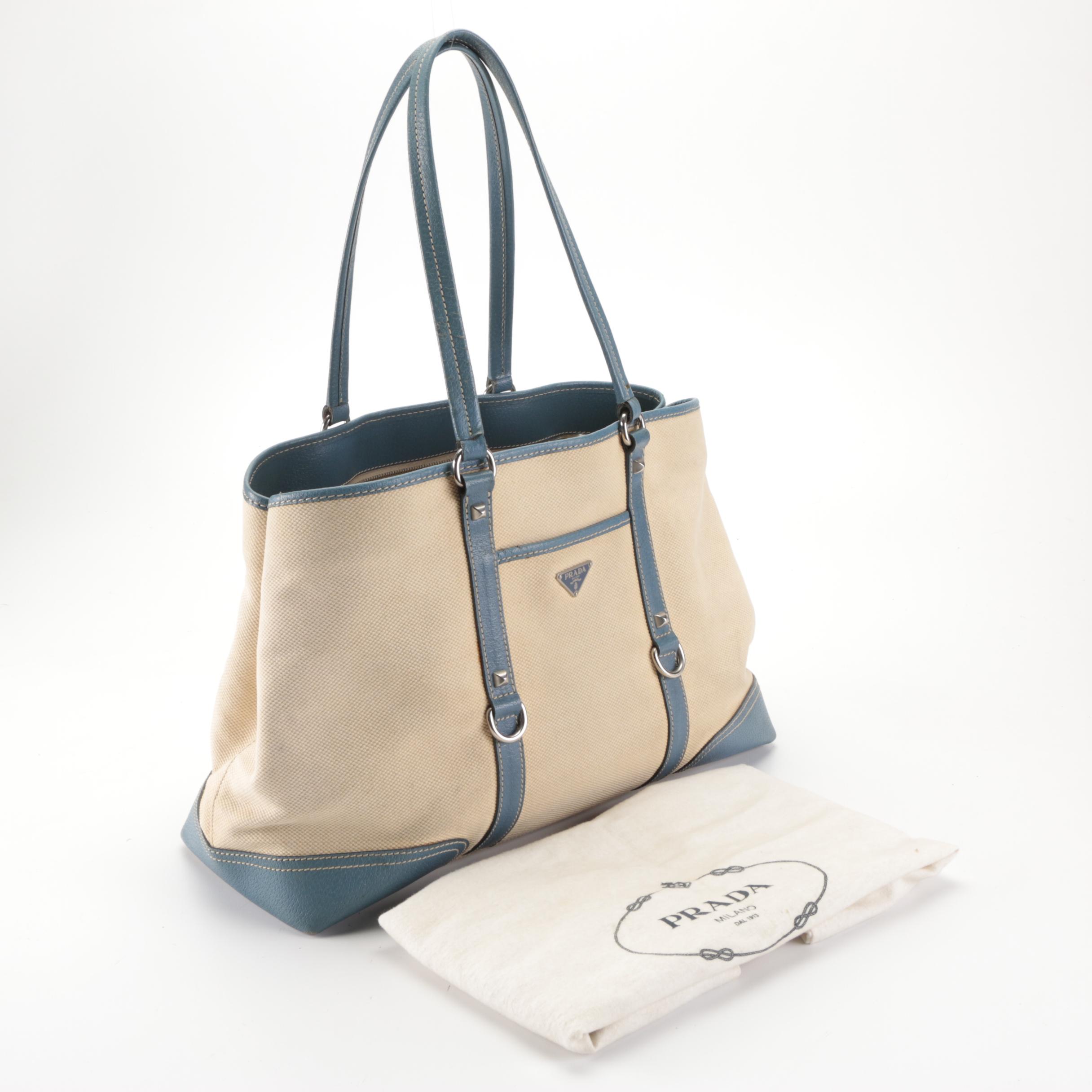 Prada Shopping Tote in Canvas and Blue Leather Trim