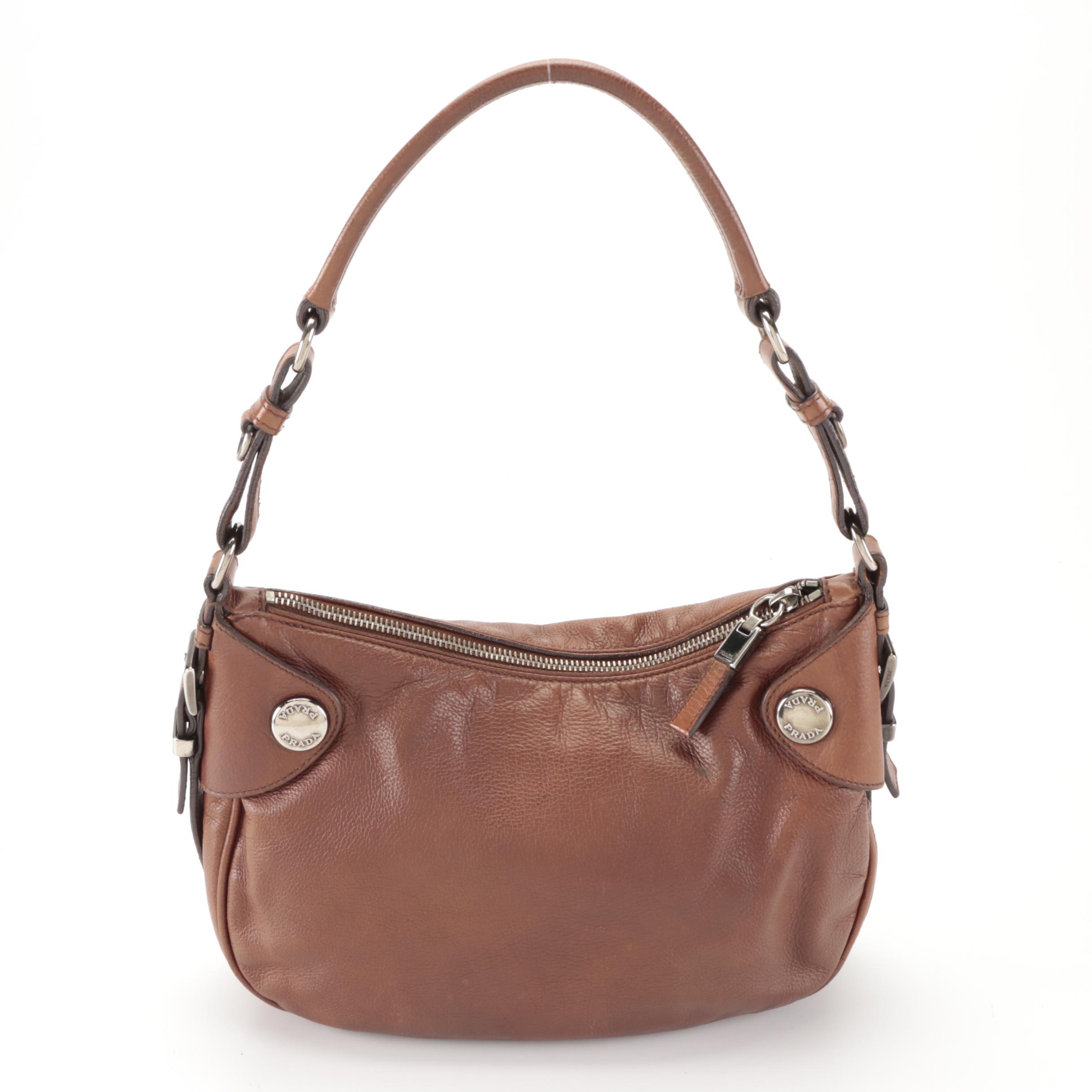 Prada Small Zip Shoulder Bag in Dark Brown Calfskin Leather