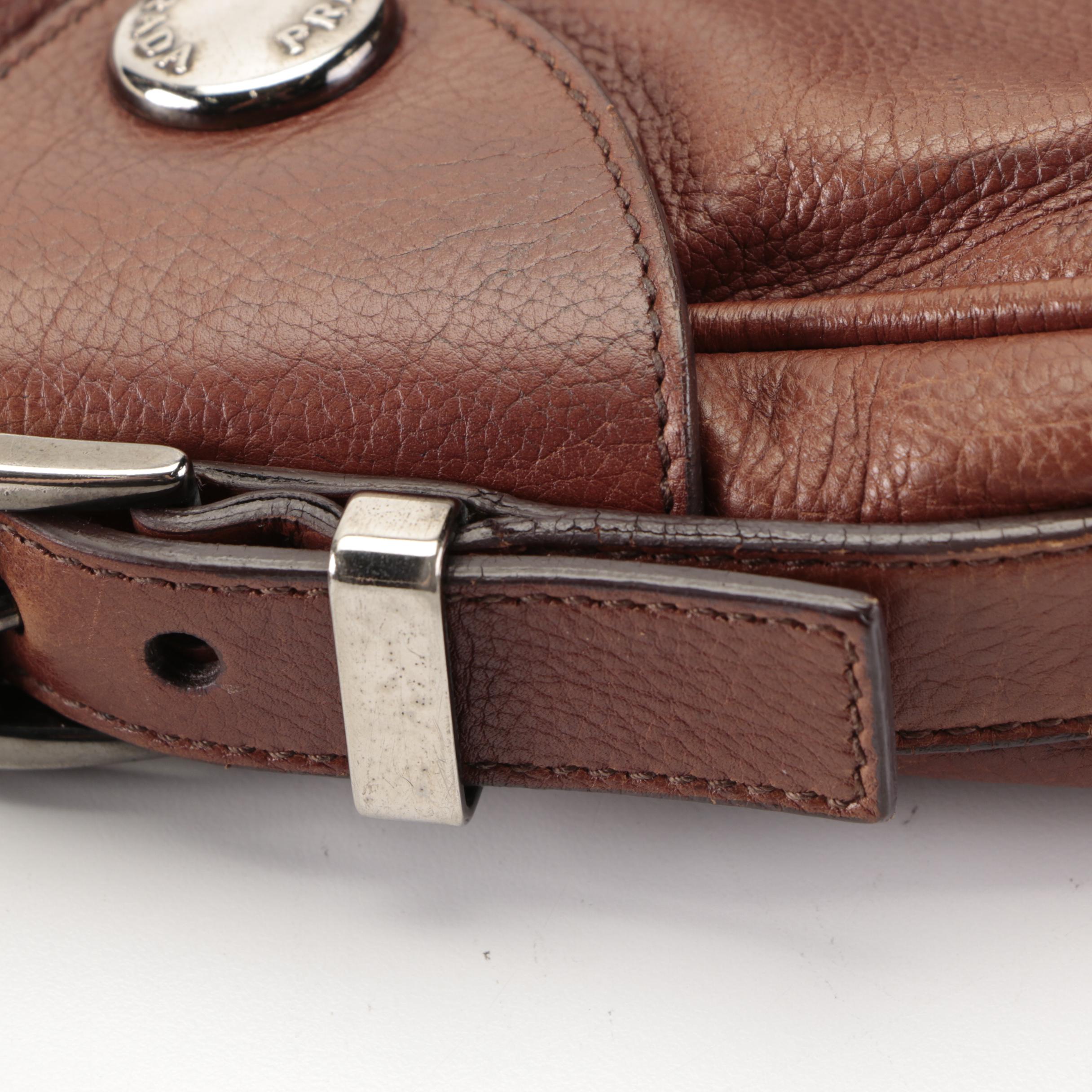 Prada Small Zip Shoulder Bag in Dark Brown Calfskin Leather