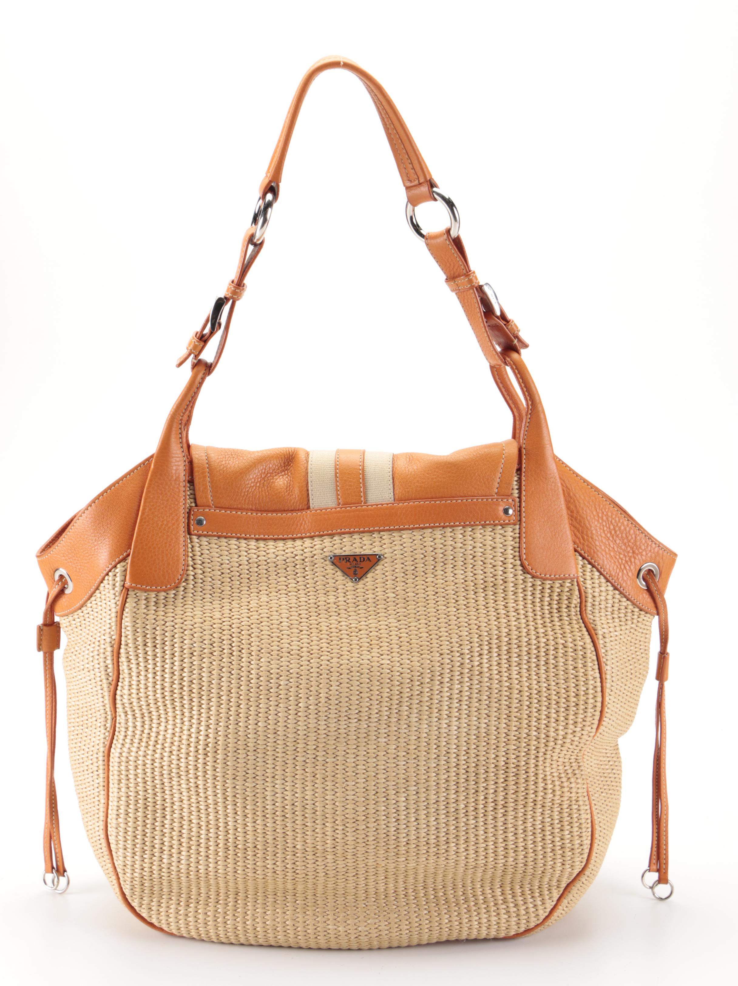 Prada Large Shoulder Bag in Orange Deerskin and Raffia with Lizard Detail