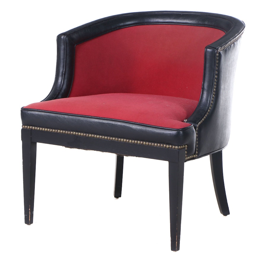 Red and Black Vinyl Upholstered and Brass-Tacked Armchair, Mid-20th Century