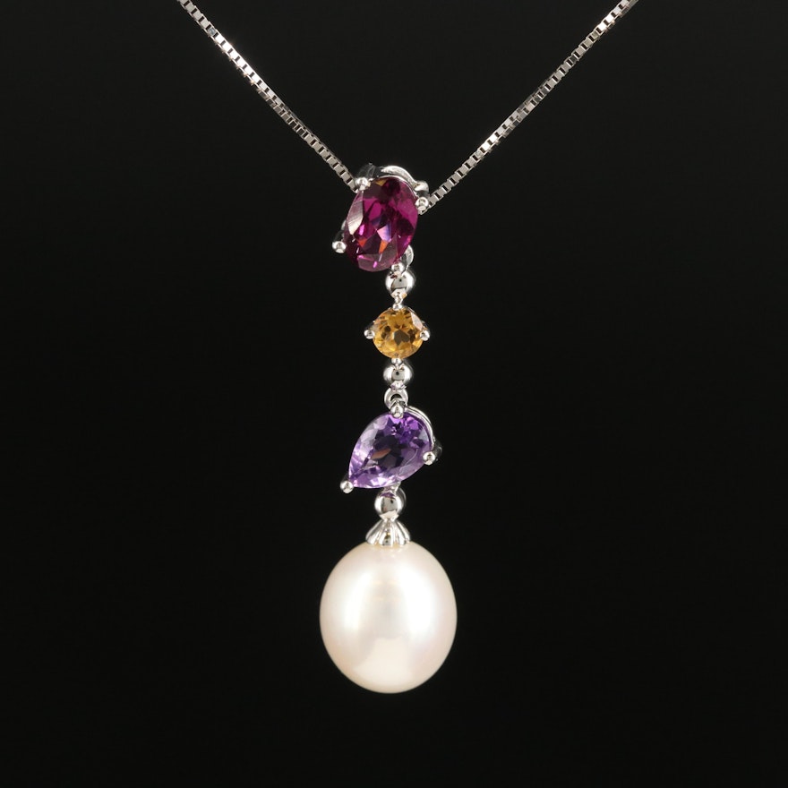 14K Pearl and Gemstone Drop Pendant Necklace