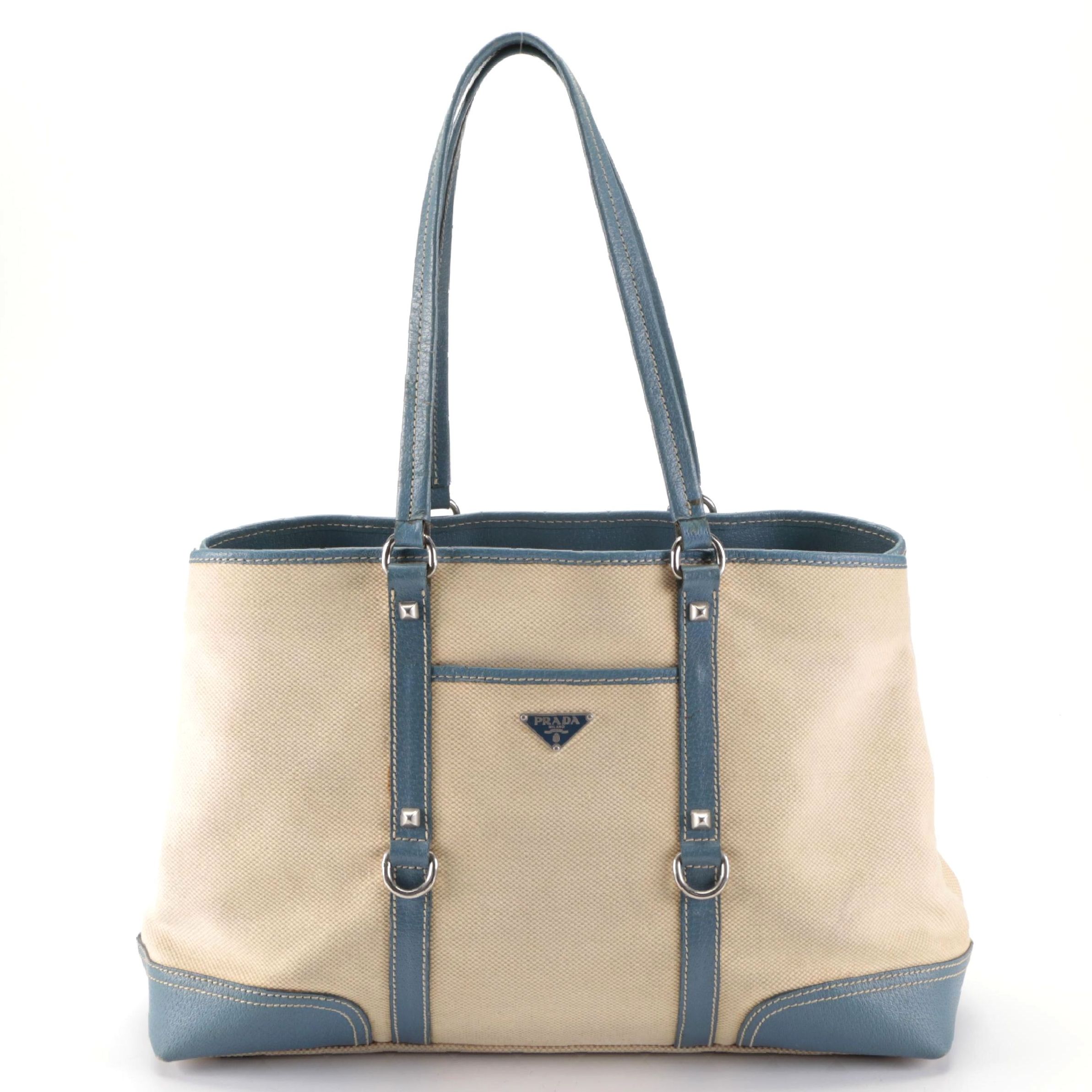 Prada Shopping Tote in Canvas and Blue Leather Trim