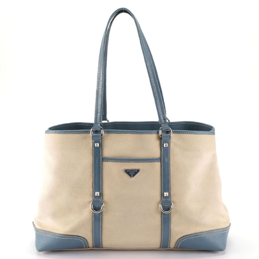 Prada Shopping Tote in Canvas and Blue Leather Trim