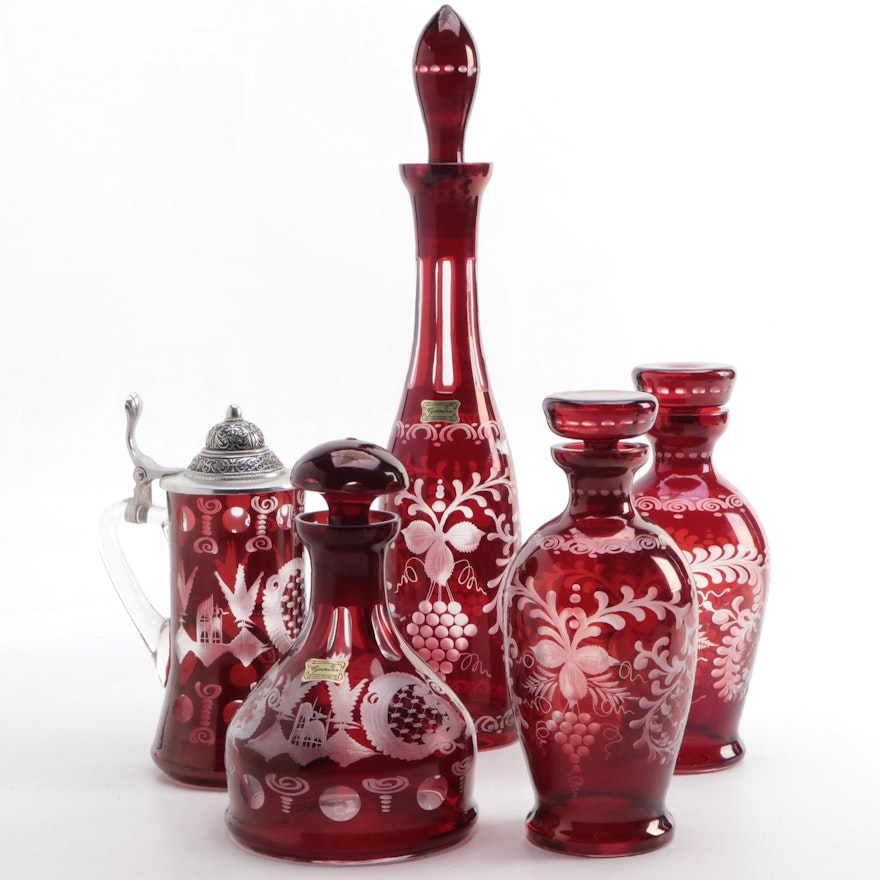 Egermann and Other Bohemian Style Ruby Etched Decanters and Tankard