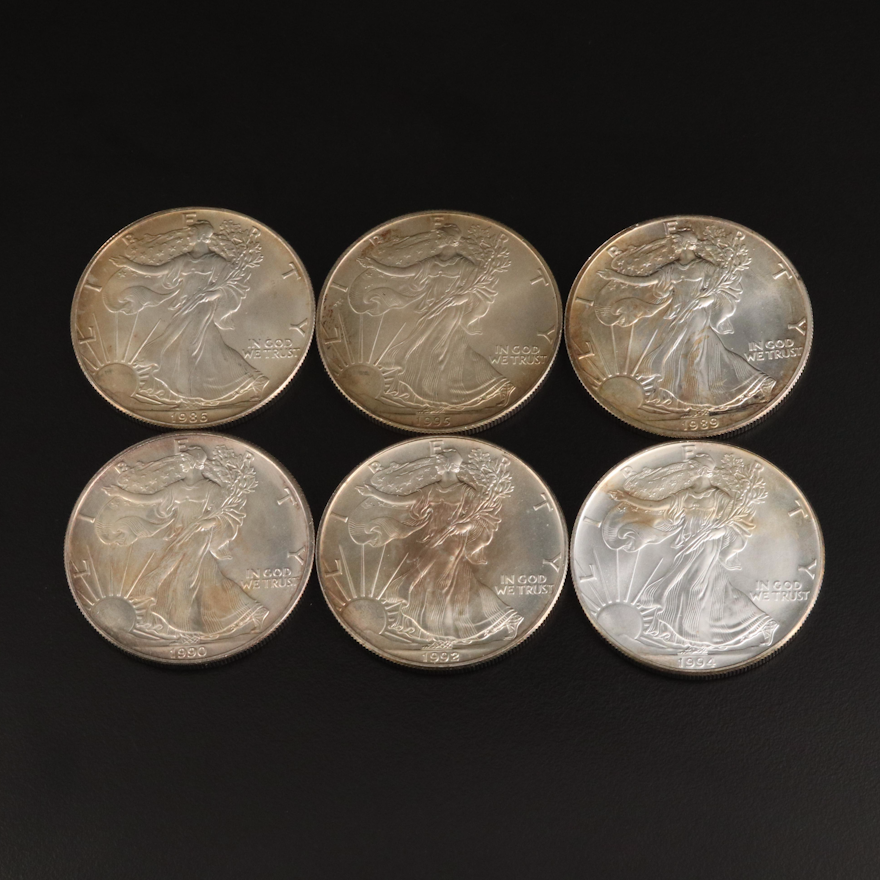Six $1 American Silver Eagle Bullion Coins