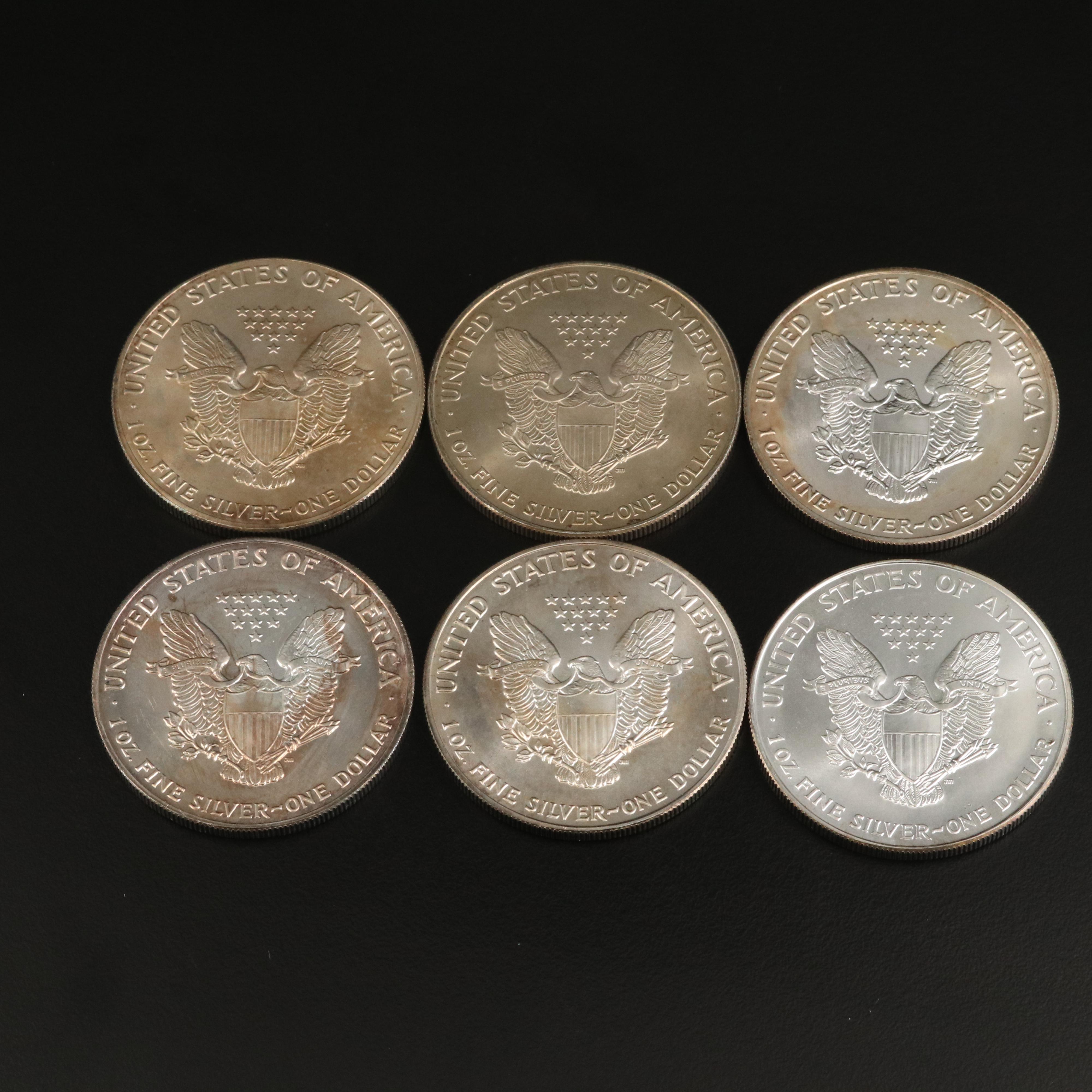 Six $1 American Silver Eagle Bullion Coins