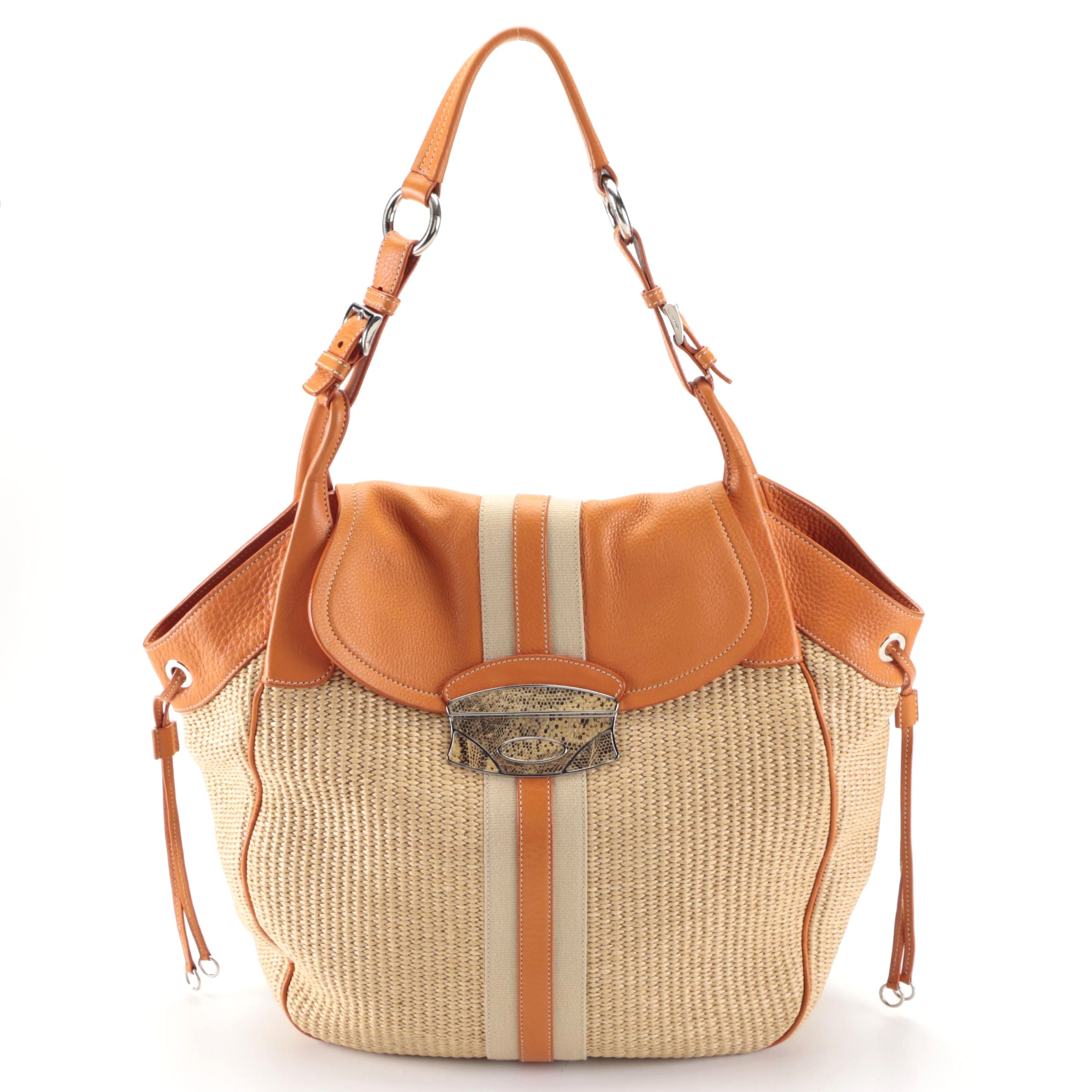 Prada Large Shoulder Bag in Orange Deerskin and Raffia with Lizard Detail