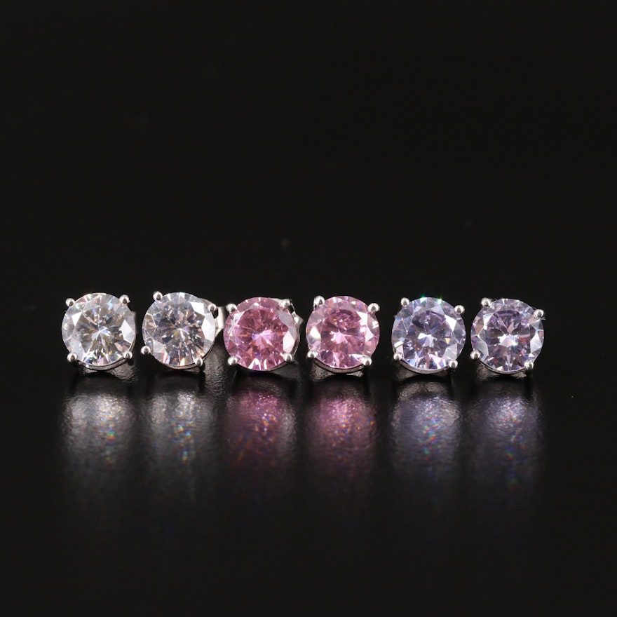 Sterling Silver Cubic Zirconia Stud Earring Trio