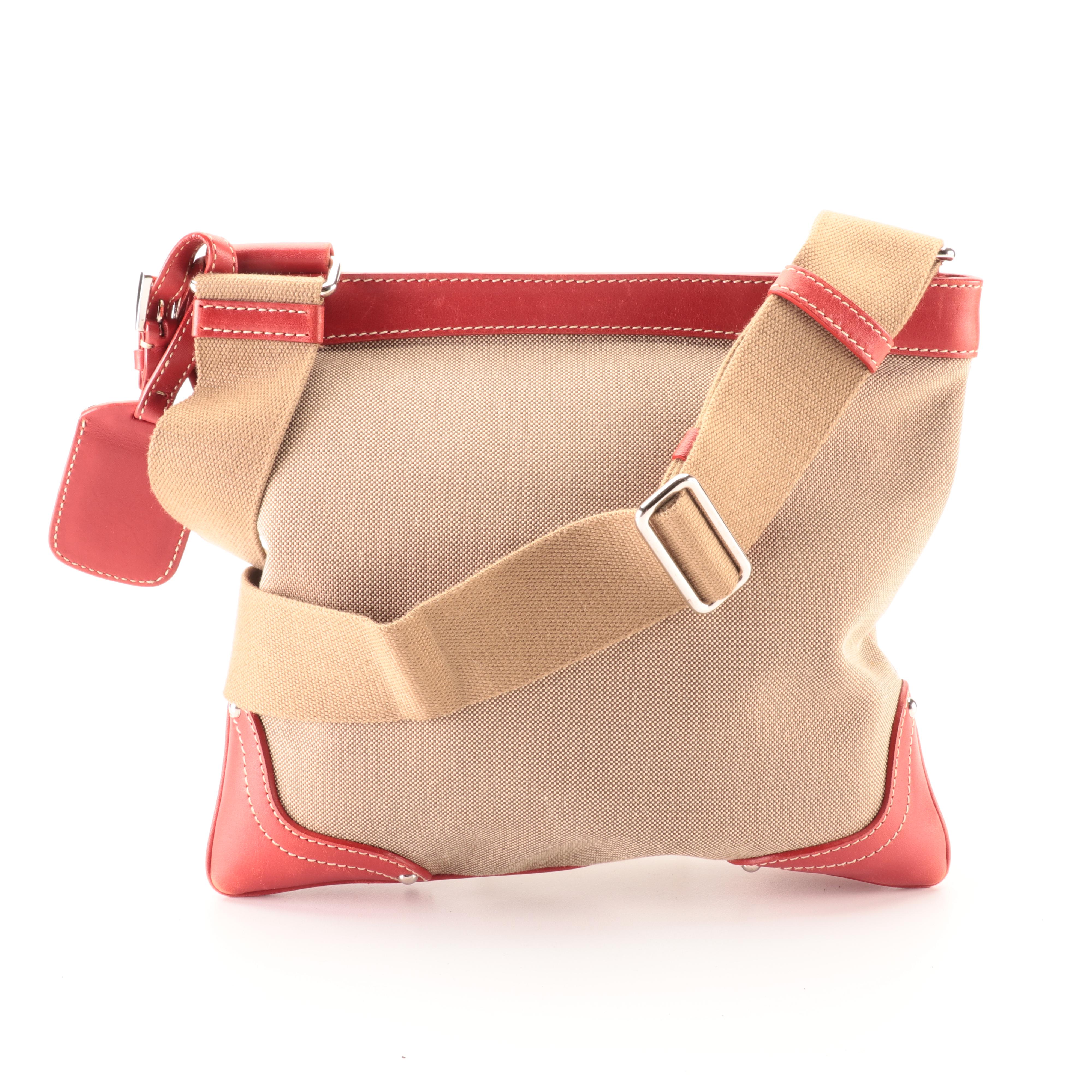 Prada Flat Crossbody Bag in Logo Jacquard and Red Leather Trim