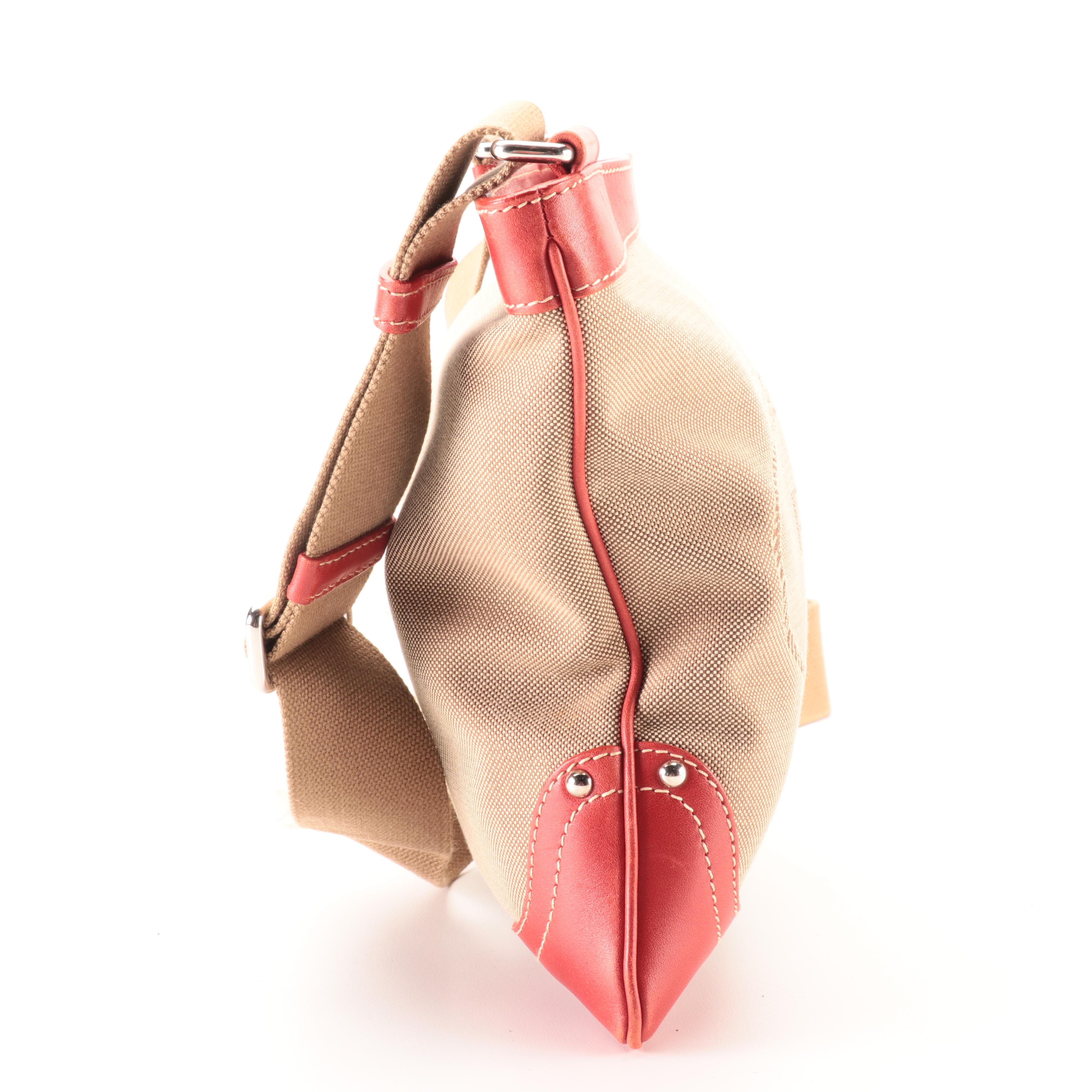 Prada Flat Crossbody Bag in Logo Jacquard and Red Leather Trim