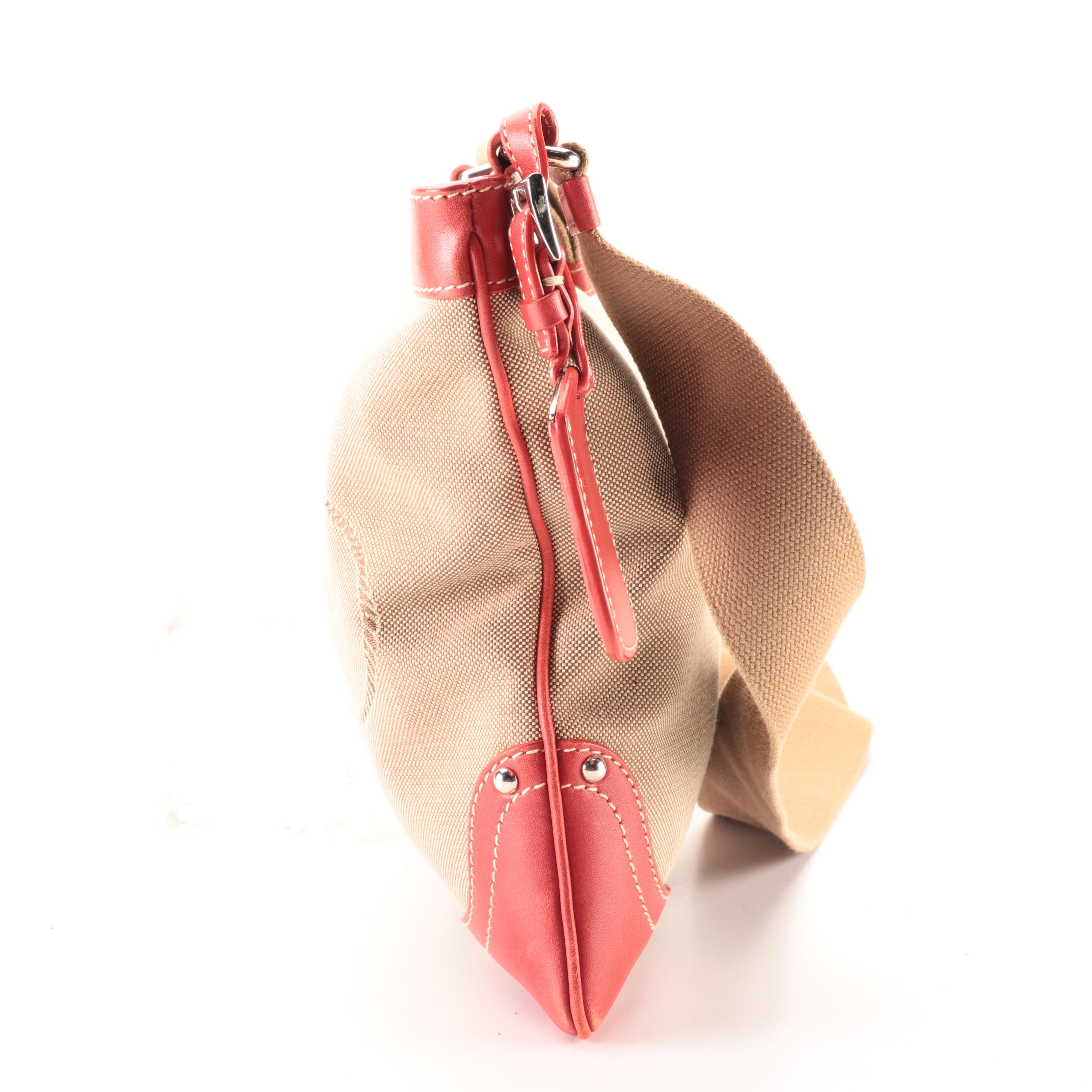 Prada Flat Crossbody Bag in Logo Jacquard and Red Leather Trim