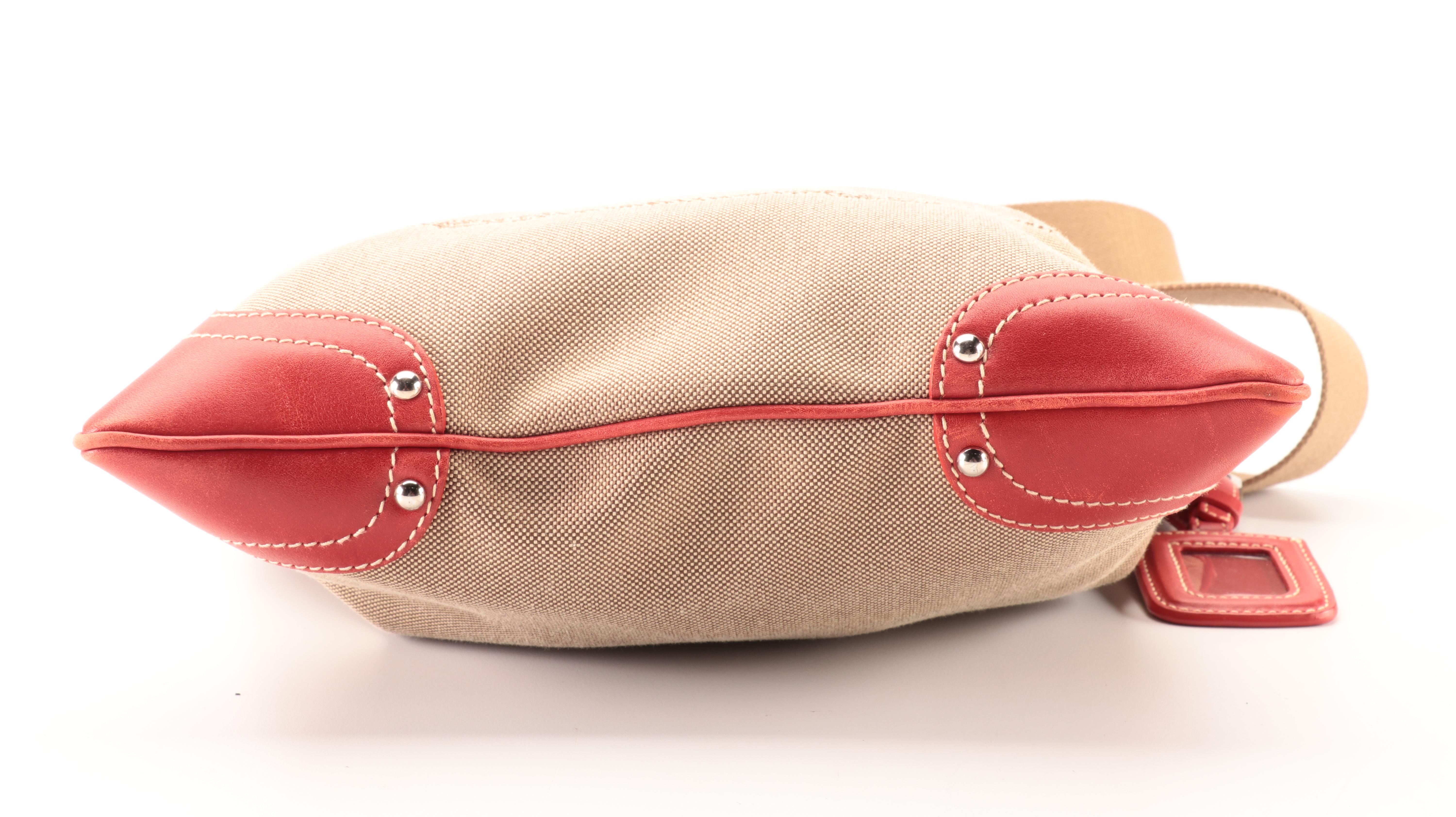 Prada Flat Crossbody Bag in Logo Jacquard and Red Leather Trim